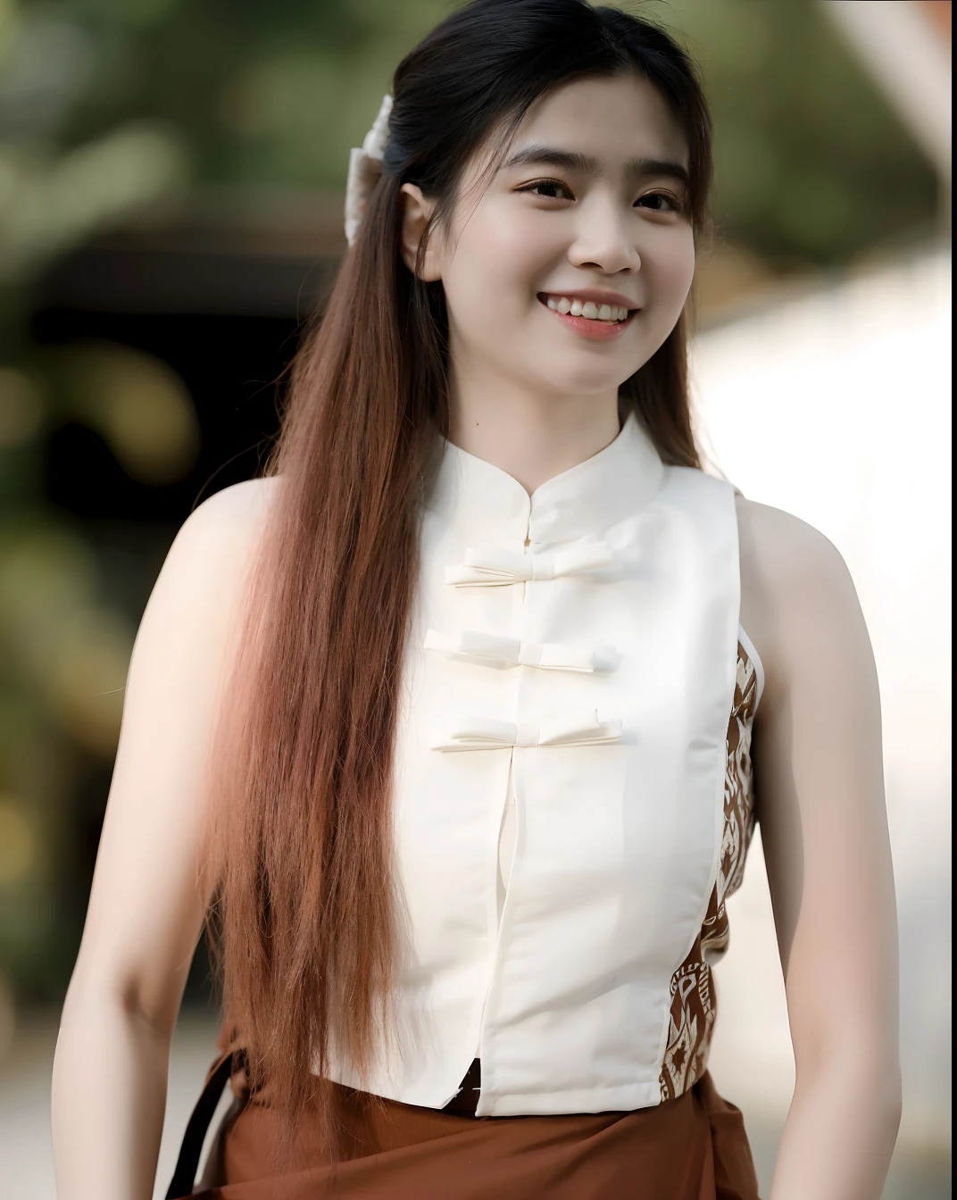 there is a woman with long hair wearing a white blouse and brown skirt, in style of lam manh, nivanh chanthara, with long hair, ao dai, a young asian woman, mai anh tran, dang my linh, vietnamese woman, with a beautifull smile, sukhothai costume, lovely smile, hoang long ly