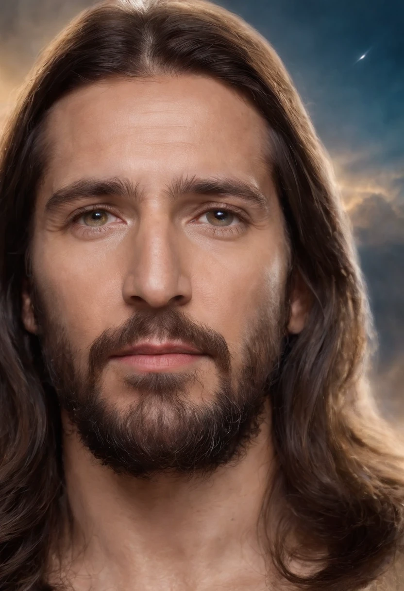 Gere uma imagem de Jesus estilo realista, The paradise of the celestial background , olhando para frente .com cabelos pretos e curtos e sem barba, ((sem barba)), ((DOES NOT HAVE A BEARD)), ((cabelos curtos)), cabelos curtos, cabelos pretos,((cabelos curtos)), His eyes are kind and expressive,, garanta que a imagem seja de alta qualidade e rica em detalhes, capturing the essence of Jesus , pele altamente detalhada: 1,2 8k uhd , 20MP, Fujifilm XT3, 80mm, sentado em um tapete com um fundo de estrelas e nebulosas, Facing the camera, foto ultra realista, UHD, ..3d, 8kK
