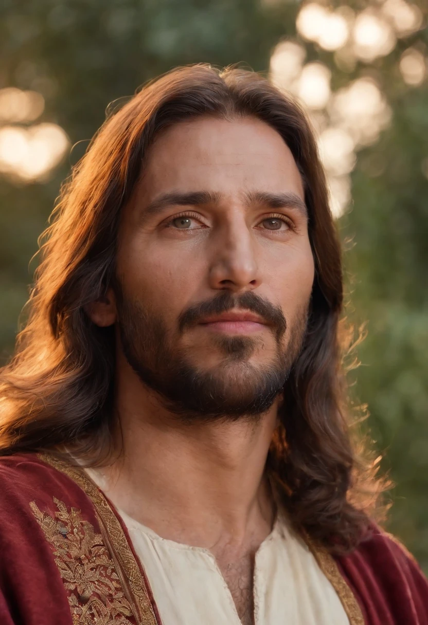 Gere uma imagem de Jesus estilo realista, The paradise of the celestial background , olhando para frente .com cabelos pretos e curtos e sem barba, ((sem barba)), ((DOES NOT HAVE A BEARD)), ((cabelos curtos)), cabelos curtos, cabelos pretos,((cabelos curtos)), His eyes are kind and expressive,, garanta que a imagem seja de alta qualidade e rica em detalhes, capturing the essence of Jesus , pele altamente detalhada: 1,2 8k uhd , 20MP, Fujifilm XT3, 80mm, sentado em um tapete com um fundo de estrelas e nebulosas, Facing the camera, foto ultra realista, UHD, ..3d, 8kK