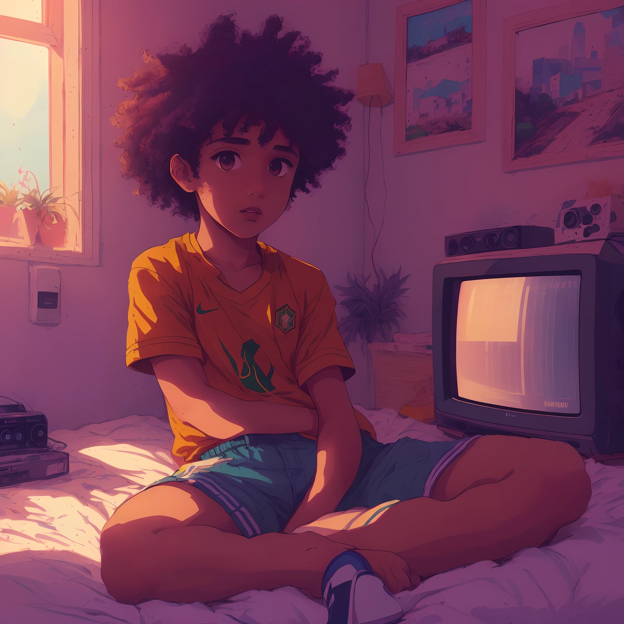 (brazilian boy,curly hair,brown skin),(2002 Brazil shirt),(dark blue taqtel shorts),(sitting on the messy bed),(window),(sunny day),(white painted wall),(low shot),(small smart TV),(ultra-detailed),(vivid colors),PlayStation 2 on the shelf, boy looks entertained, lofi art style, lofi aesthetic, Atey Ghanian, epic Lofi Wallpaper, concept Lofi art, digital illustration, hyper maximalist, (best quality,4k,8k,highres,masterpiece:1.2), ultra-detailed, UHD,, sharp focus, bokeh, portraits, landscape, warm color tone, soft lighting.