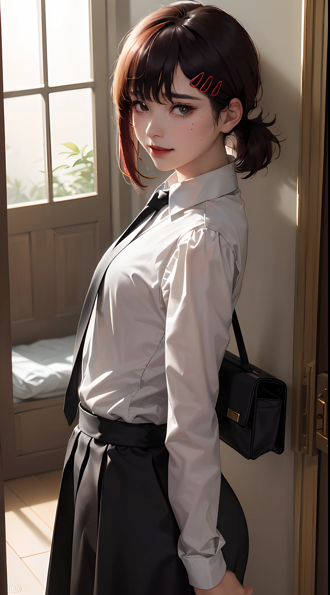 tmasterpiece，best qualtiy，ultra - detailed，illustratio，epic lighting，cinematic compositions，isometry，1girll，ssmile，Redlip，独奏，adolable，Black eyes，Black color hair，By bangs，red hair clips，blouse with a white collar，black necktie，Black pantsuit，Professional Dress，captivating posture，inside in room，office room，Open the door，looking at viewert，peeking out upper body，Be red in the face，seduct smile，leaning back against the wall，(8K:1.1),