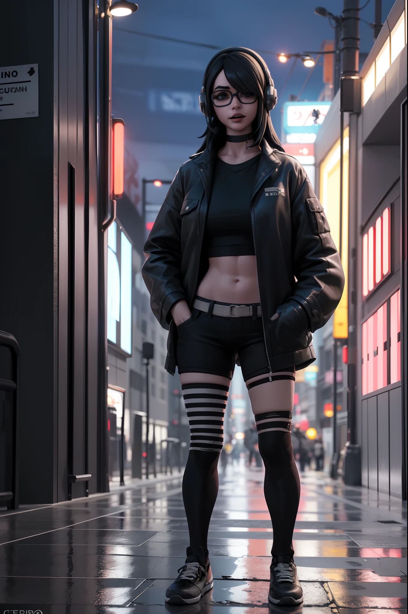 ciudad de noche,lluvia,abrigo,Hands in Pockets 1Girl, cabello negro,, gafas, godo, gargantilla, Renderizado 3D, Camisa blanca, fuera del hombro, cyberpunk, Neon lights, opalescente, horror_\(tema\), auriculares, Cinturones en crop top