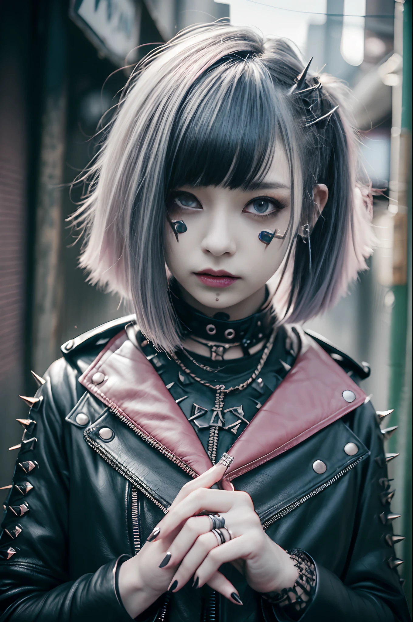 Mohican、、goth、(masutepiece), (Portrait), (Aesthetic), (Beautiful), (upper blody), (High quality), (aesthetic clothings), (professional angle), (thirds rule), (Feminine), (Woman), (Beautiful),(Feminine features), (25-years old), Solo, 1 woman, (Charming punk girl), Winters, Dramatic light,), Edgy makeup, (Small bust), , (Front face), (Defiant expression), ((defiance)), (Leather jackets and tattoos), ((Short hair)), (dyed (E.G. and pinks) hair), (spiky hair), (Thick hair), Matte Shine Hair, (Hair bands scattered in the hair), (Green eyes), (Bold and bold look), (pale skin), (Dark clothes), (Band T-shirt), (Ripped jeans), (-), crew neckline), ((Urban alley background)), (up close shot), Beautiful hands, Two hands, normal hands, Two arms, complete hands, Beautiful body, Beautiful fingers, normal fingers, Five Fingers, Five Fingers, (Thumb index finger ring finger), Beautiful ears, normal ears, Beautiful eyes, shiny eyes, Beautiful mouth, Beautiful lips,