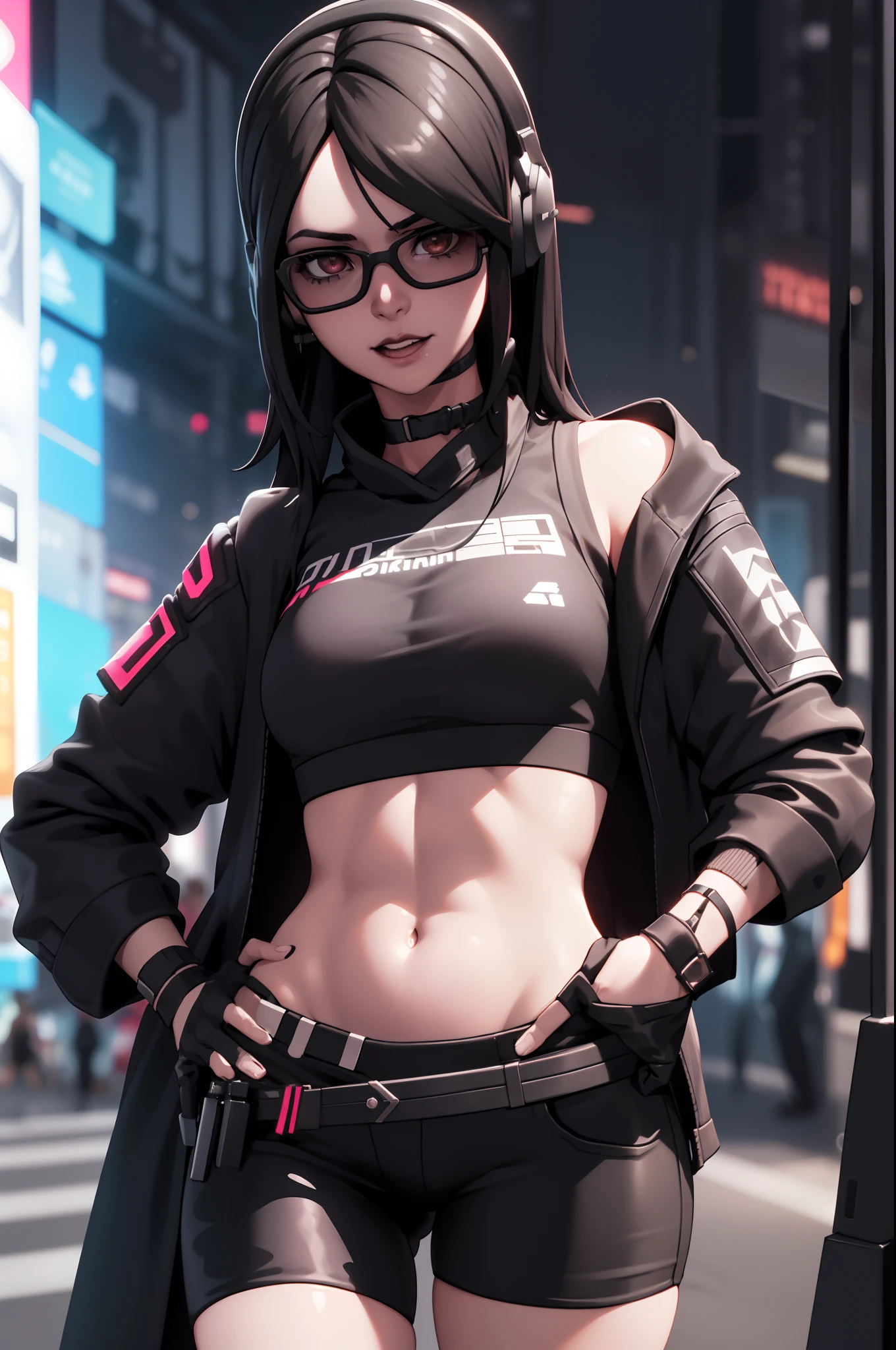 1girl, cabello negro,, gafas, godo, gargantilla, Renderizado 3D, Camisa blanca, fuera del hombro, cyberpunk, Neon lights, opalescente, horror_\(tema\), auriculares, Cinturones en crop top