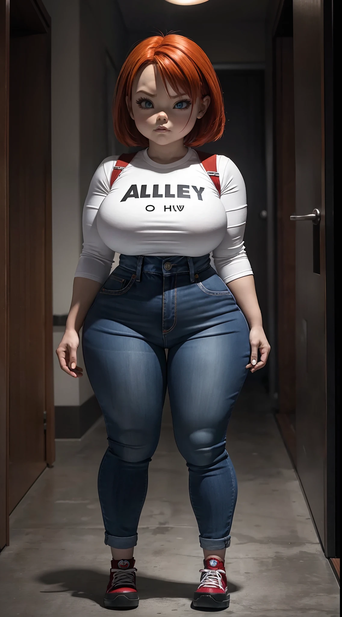 ((alone)), chucky version woman, full body, very wide hips, thick thighs, repeat always the same face, repeat always the same body, repeat always the same proportions, side view