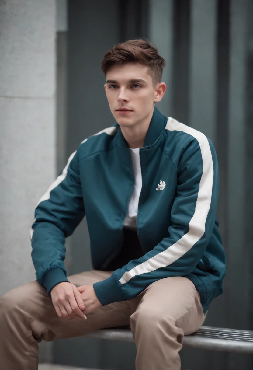 a young man sitting on a metal bench wearing a track jacket, in the style of neo-concretism, subtle shades, webcam photography, subtle colours, sharp edges, genderless, fawncore ,medium long shot