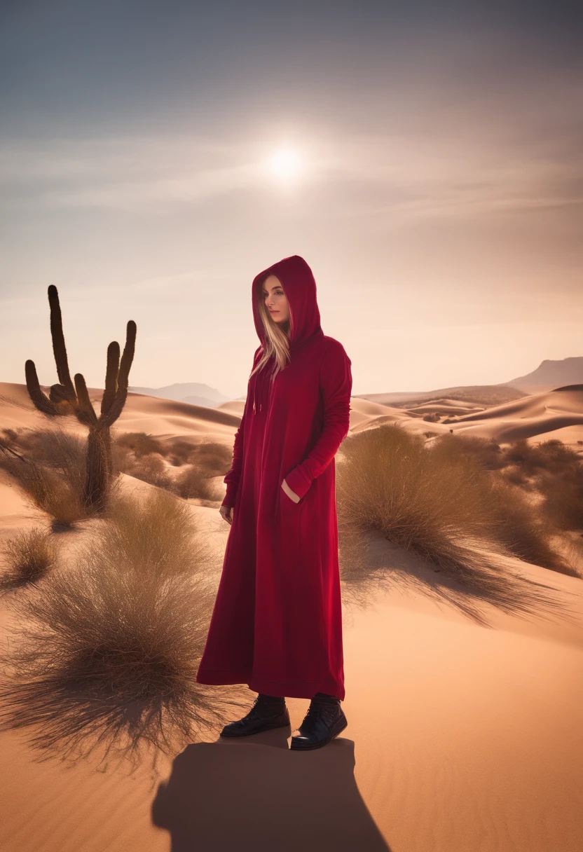 ((A desert, Sand, sand dunes, Refraction effect[ABCD[ABCD, Sun)), (masutepiece, Best Quality), (1girl in), (Solo), ((Portrait)), Perfect face, ((Heterochromia, Blonde and purple hair, ((Red Long Hoodie)), Unnecessary belts in the Gothic style everywhere, Mole under the eyes)), The background is a beautiful desert with cacti, tumbleweeds, Cinematic Light, A clear day, Dramatic Lighting, Ultra Detail, 8K, watercolor paiting, Delicacy, Delicate (Gothic lace, Gothic rose, Goth aesthetics)