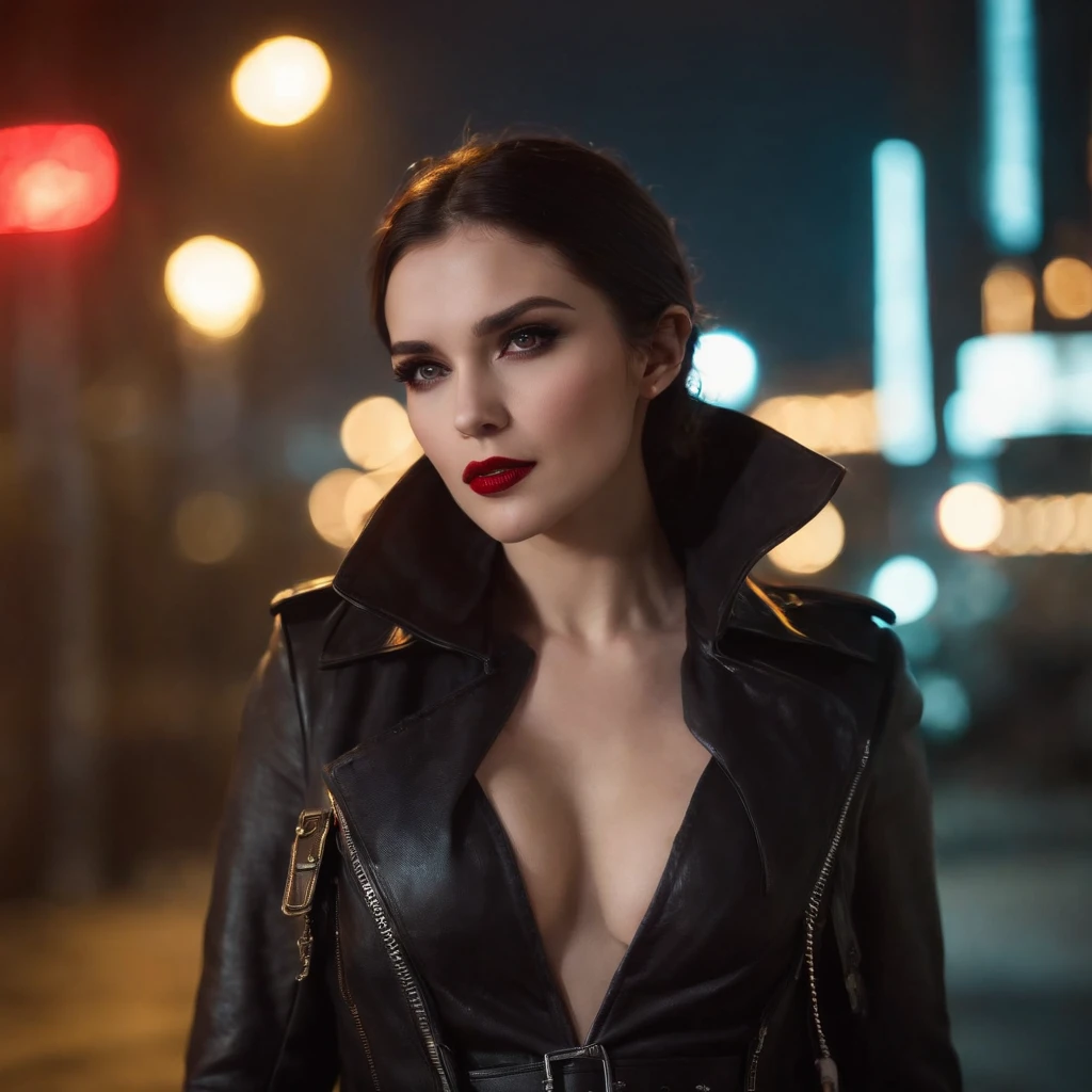 Vampire with fangs, girl, at night, brunette, futuristic city, neon lights, coloured rim lighting on girl, long leather coat, belt with silver buckle, v neck top, silver necklace pendant with red stone, steam in background, medium shot, with pistol, finger on trigger
