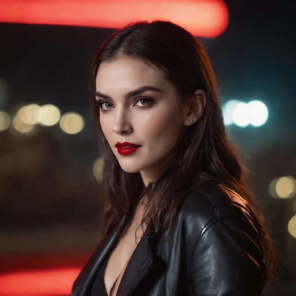 Vampire with fangs, girl, at night, brunette, futuristic city, neon lights, coloured rim lighting on girl, long leather coat, belt with silver buckle, v neck top, silver necklace pendant with red stone, steam in background, medium shot, with pistol, finger on trigger
