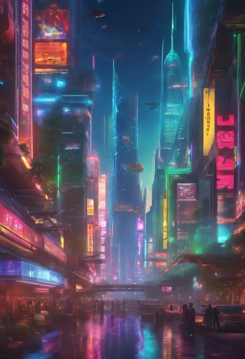 (best quality,4k,8k,highres,masterpiece:1.2),ultra-detailed,(realistic,photorealistic,photo-realistic:1.37),AI-powered future world, futuristic technology, bustling cityscape with flying cars, advanced architectural designs, towering skyscrapers, impressive infrastructure, vibrant colors, holographic advertisements, augmented reality overlays, neon lights, beautifully crafted androids, AI assistants, people wearing sleek futuristic clothing, floating gardens and parks, advanced transportation systems, clean and sustainable energy sources, cutting-edge robotics, intelligent drones, smart homes and buildings, bustling markets and shopping districts, intelligent surveillance systems, human-AI interaction, seamless integration of technology into daily life, advanced medical facilities and procedures, AI-powered advancements in various fields, a harmonious blend of nature and technology, serene green spaces amidst the urban landscape, incredible attention to detail, awe-inspiring visual effects, immersive experience, impeccably realistic textures, dynamic lighting, sci-fi aesthetics, cyberpunk-inspired elements, a sense of wonder and amazement, thought-provoking exploration of the potential of AI in shaping the future.