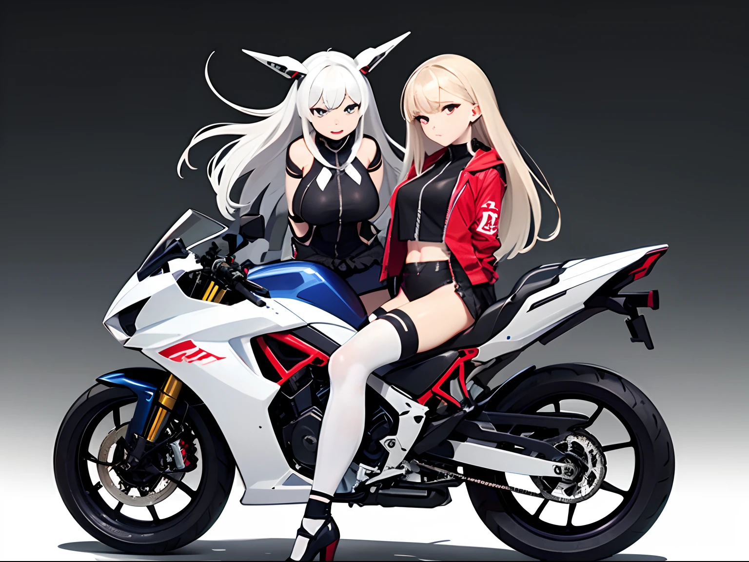 masutepiece, hightquality, hight resolution, high textured, 8K, HighDynamicRange, Robot girl in sexy costume, Huge breasts, White transparent tights, mechs, short white hair, Mechanical prosthetics, mechanical legs, dishevled hair、Detailed skin、Fine-grained skin、Large Motorcycles, Riding Bicycles, natta, cyberpunkcity