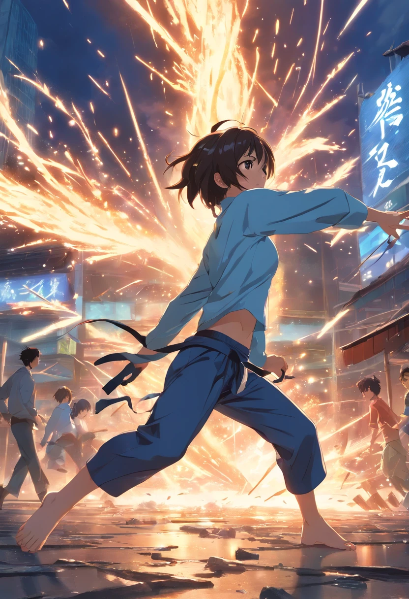 (highres, HDR:1.2), epic battle scene, dynamic composition, intense action
(acrobatic, agile:1.1) martial arts poses, fast-paced movements, acrobatic combat style
(dramatic lighting:1.2), dramatic shadows, strong contrast
(tornado, splintering debris:1.1), explosive energy bursts