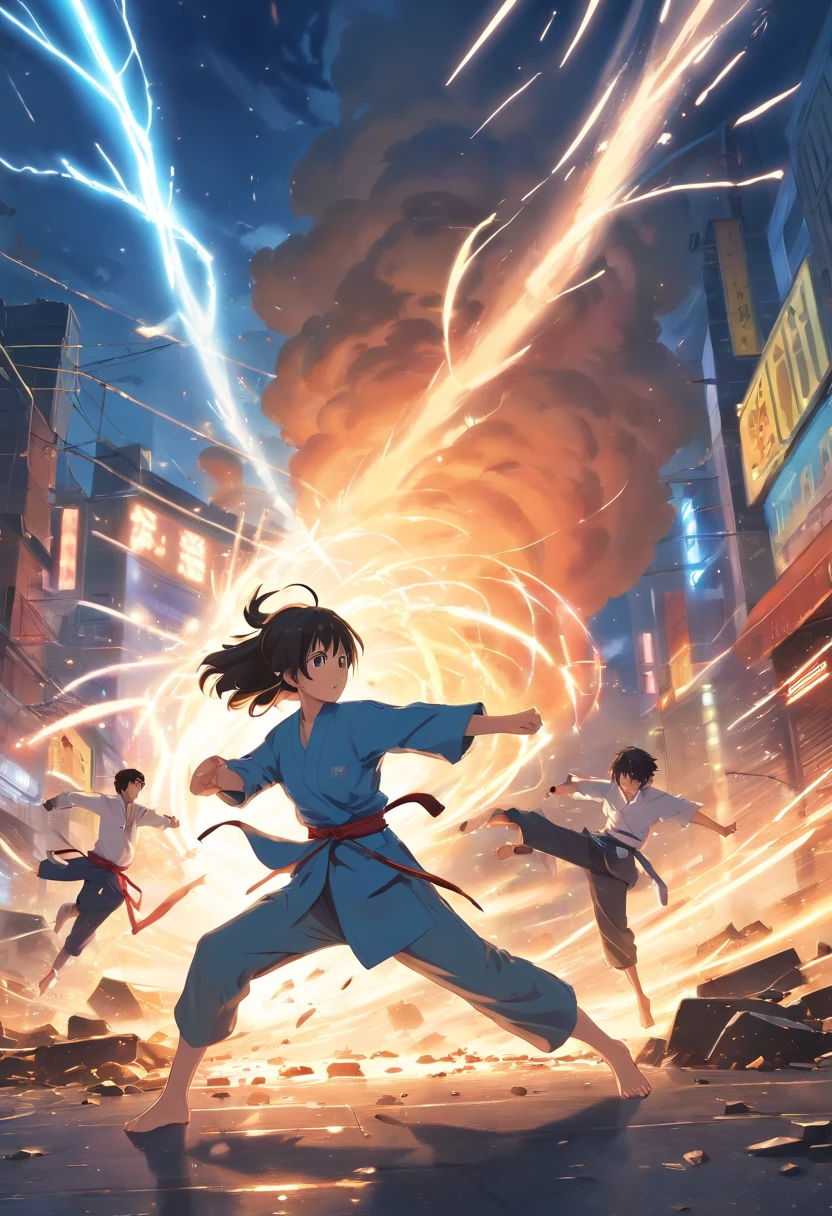 (highres, HDR:1.2), epic battle scene, dynamic composition, intense action
(acrobatic, agile:1.1) martial arts poses, fast-paced movements, acrobatic combat style
(dramatic lighting:1.2), dramatic shadows, strong contrast
(tornado, splintering debris:1.1), explosive energy bursts