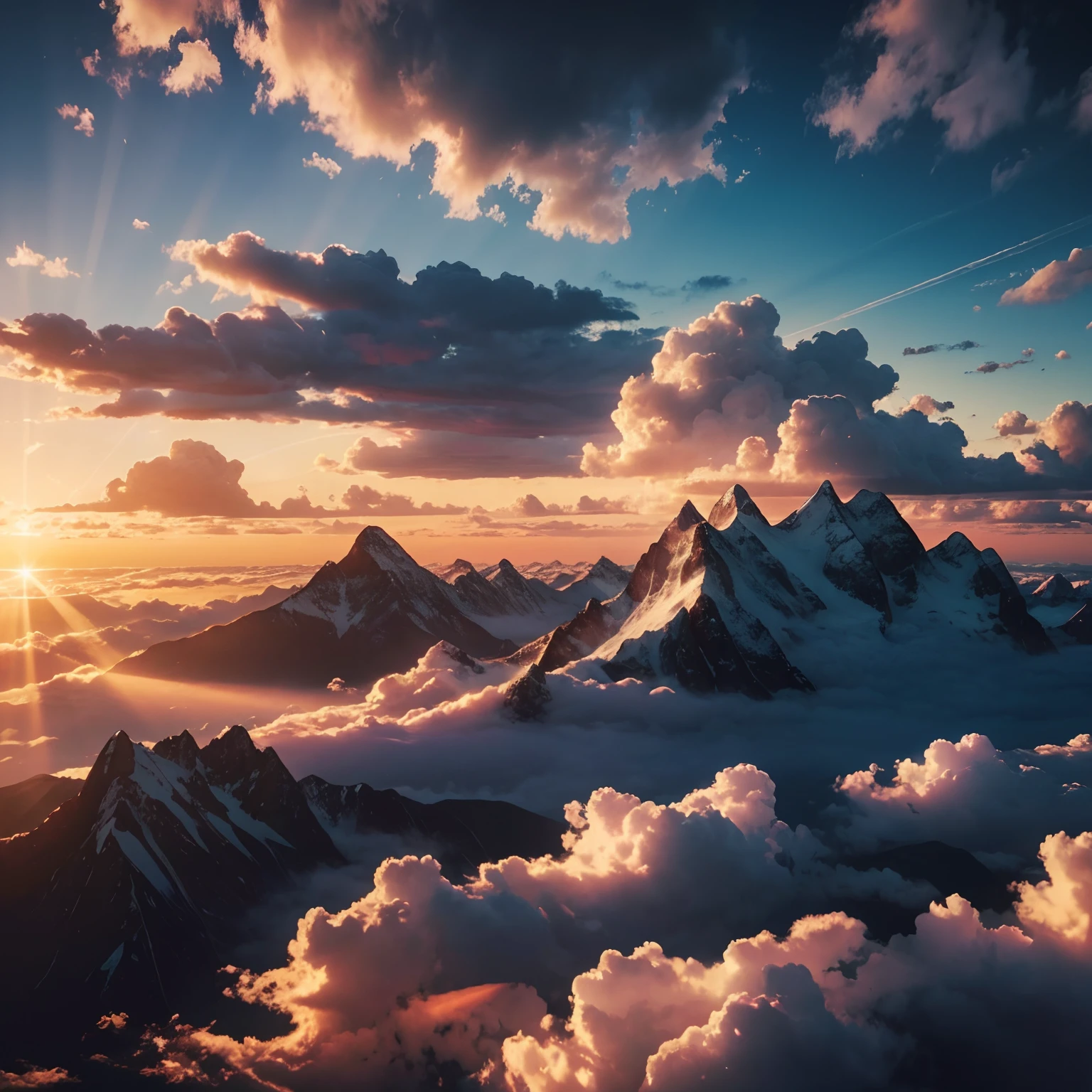 (mountain: 1.3), sea of clouds, sunset, clouds, Tyndall rays, (master works: 1.3), (8K wallpapers: 1.3), realistic,