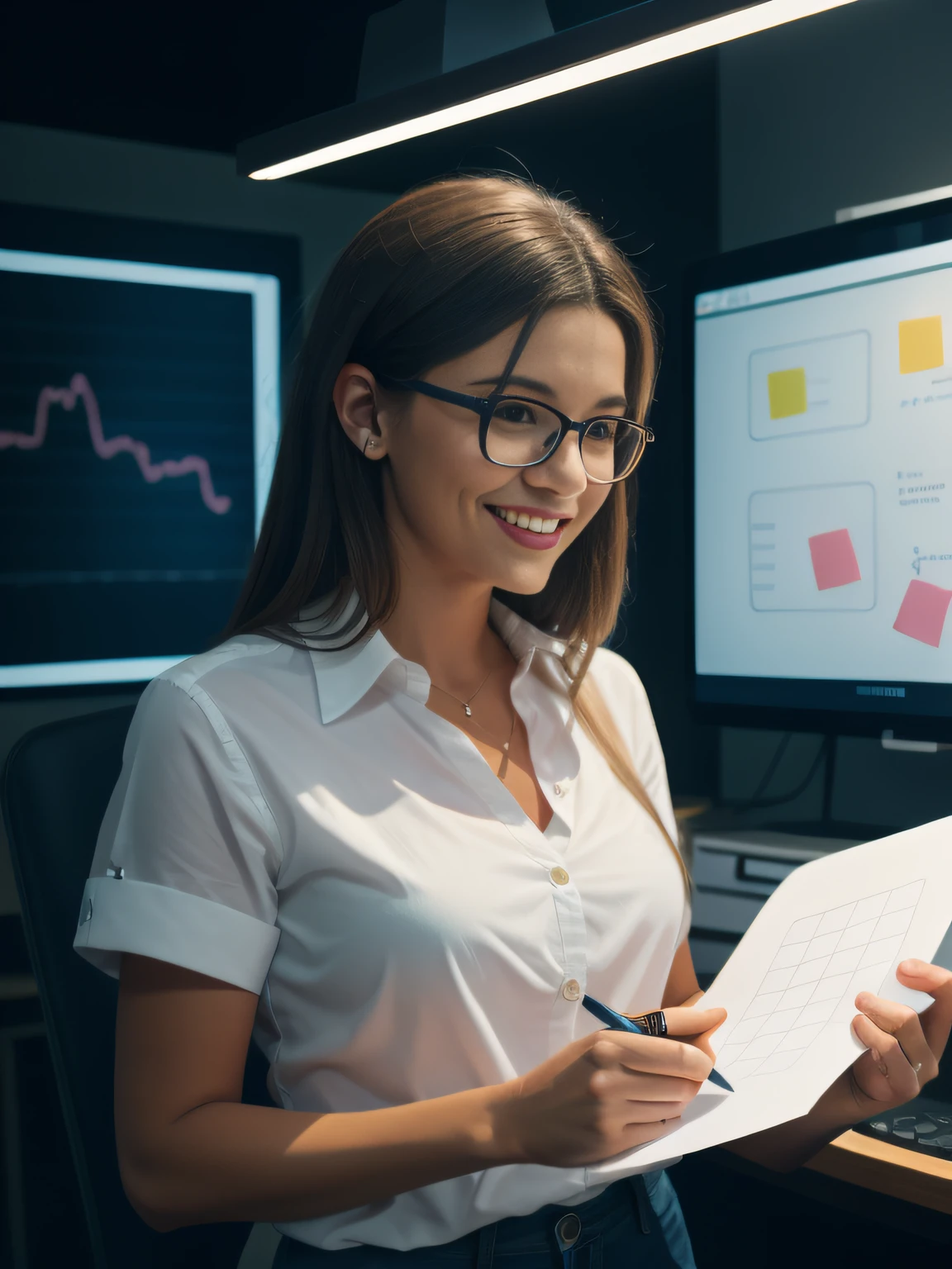 a woman person brainstorming with sticky notes and charts in the background, Best quality, Masterpiece, Realistic, Realistic photo, film photo, Ultra photo realsisim, 1 person, Detailed, Perfect lighting, DSRL, Professional photo, 4K ,Blue lighting ,Happy expression, Half body