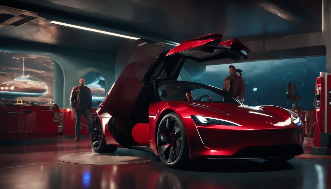 Qualidade de filme 4K，Film compositions，texturas finas，Base em Marte，Astronautas tocando guitarra, A cherry red Tesla Roadster floating in space WITH A GUY WITH SPACE TRAGE STANDING AT A SPACE-STYLE GAS STATION TO FUEL