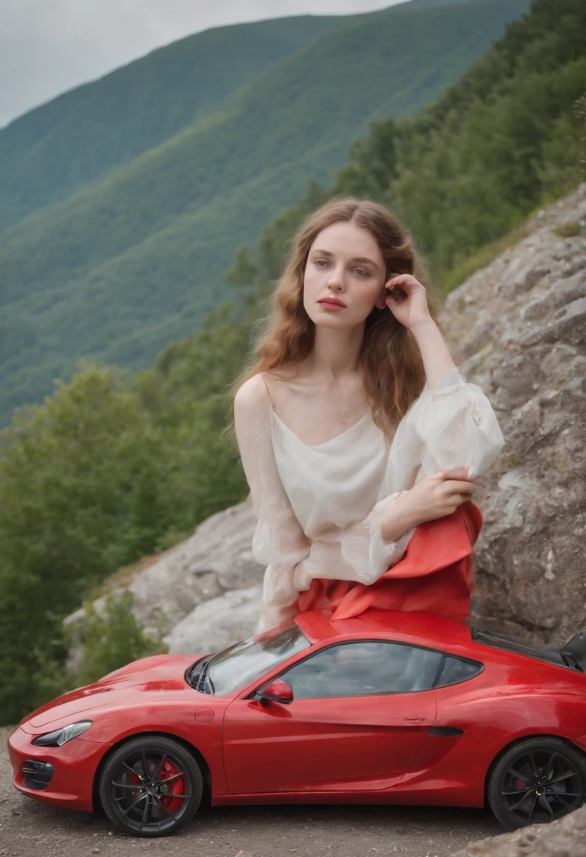 a  girl sitting next to a red sports car while smoking a cigarette, in the style of mountainous vistas, myroslava sviridova, photo, traditional portraiture, grayson perry, water drops, uhd image