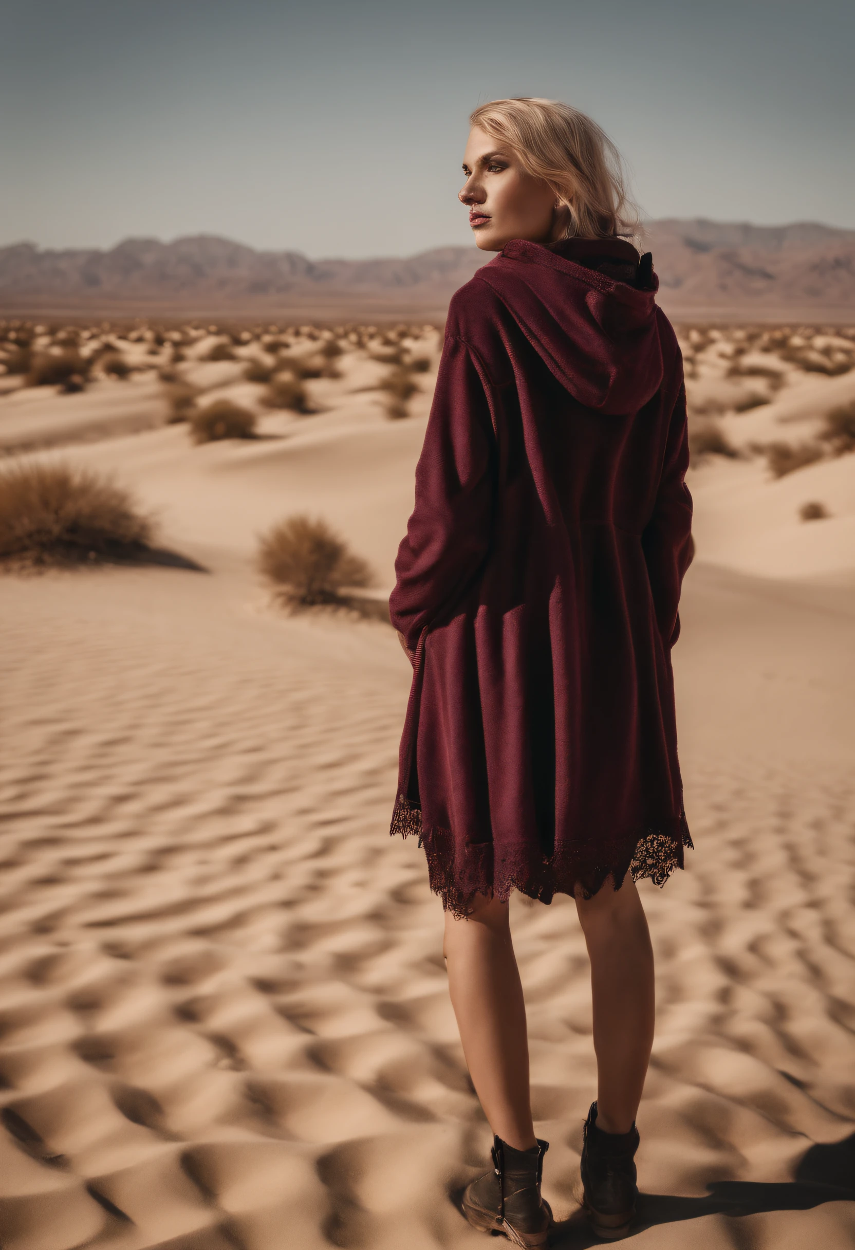 ((A desert, Sand, sand dunes, Refraction effect[ABCD[ABCD[ABCD, Sun)), (masutepiece, Best Quality), (1girl in), (Solo), ((Portrait)), Perfect face, ((Heterochromia, Blonde and purple hair, ((Red Long Hoodie)), Unwanted belts in the Gothic style everywhere, Mole under the eyes)), The background is a beautiful desert with cacti, tumbleweeds, Cinematic Light, A clear day, Dramatic Lighting, Ultra Detail, 8K, watercolor paiting, Delicacy, Delicate (Gothic lace, Gothic rose, Goth aesthetics)