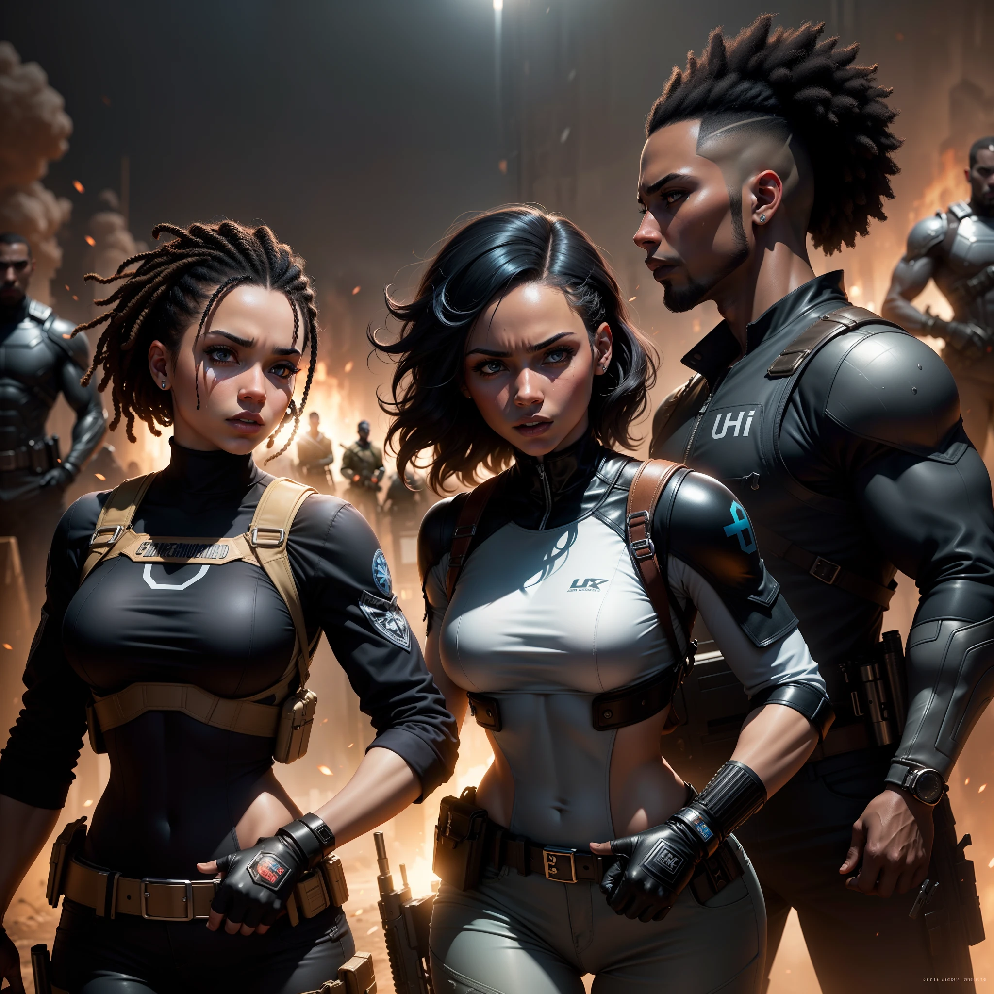 arafed image of a group of black people with guns and a woman, battleground background, moody lighting, with iridescent light, highly-realistic image, cinematic lighting, artgerm style, 32k ultra HD,