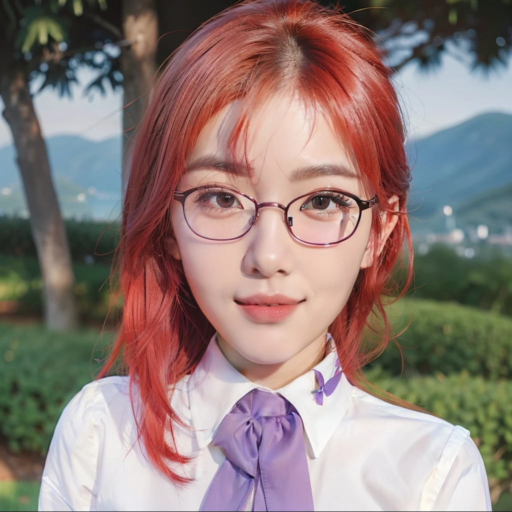 Real life adaption of this character , Korean beautiful face ,realistic red hairstyle,realistic same outfit white shirt with collar and purple ribbon,hyper realistic,realism,realistic light,realistic shadow(photorealistic:1.2),wear glasses, smiling expression