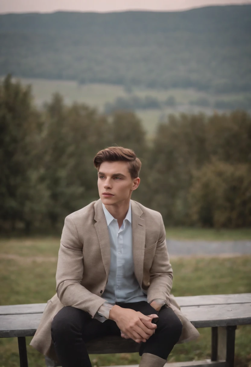A young man sitting on a metal bench in a sports jacket, In the style of neo-concreteism, Subtle tones, webcam photography, Subtle colors, Sharp edges, genderless, Fawn can ,medium to long shot