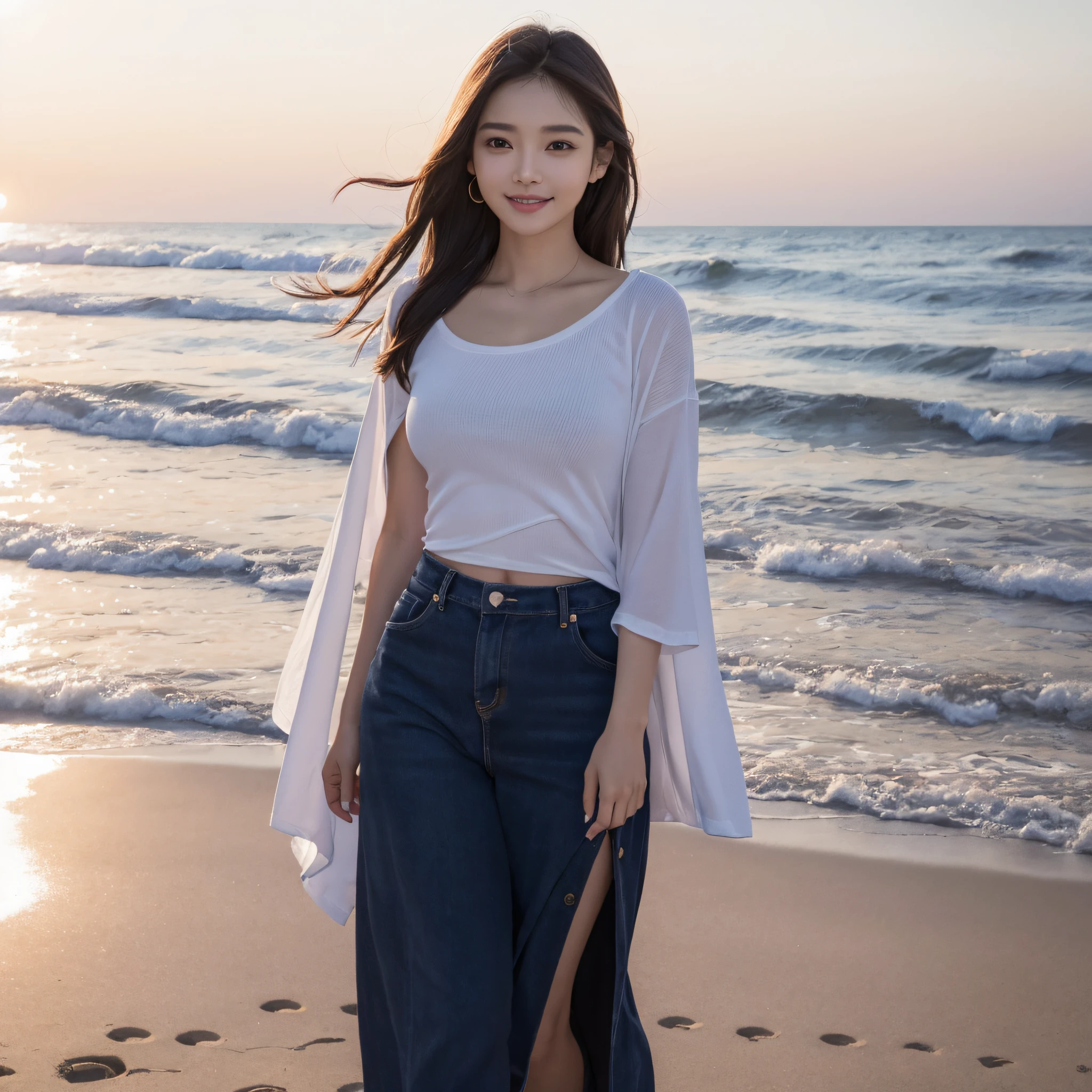 One lady、((best qualtiy、8k masterpieces:1.3))、foco nítido:1.2、(ultra beautiful faces:1.0)、(shinny skin:1.0)、photos realistic、A dark-haired、Video Lighting、High-definition eyes and face、Video Lighting、(Korean Cute Actress)、from the front side、medium breasts、Smile、Slender Abs Beauty、Whole body、wearing t-shirts、On the beach at night