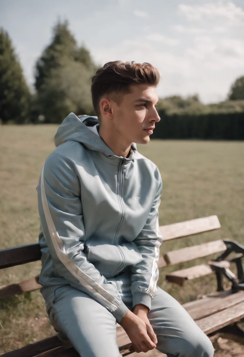 a young man sitting on a metal bench wearing a track jacket, in the style of neo-concretism, subtle shades, webcam photography, subtle colours, sharp edges, genderless, fawncore ,medium long shot