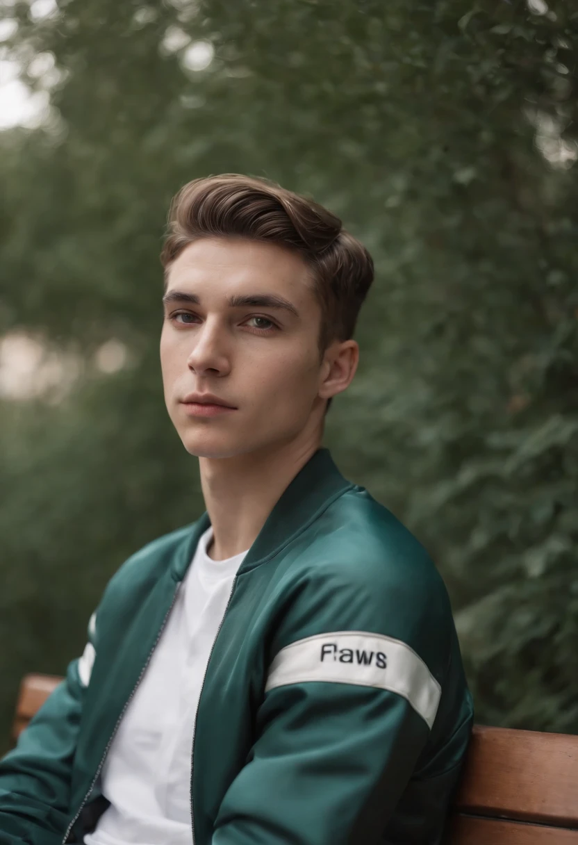 a young man sitting on a metal bench wearing a track jacket, in the style of neo-concretism, subtle shades, webcam photography, subtle colours, sharp edges, genderless, fawncore ,medium long shot