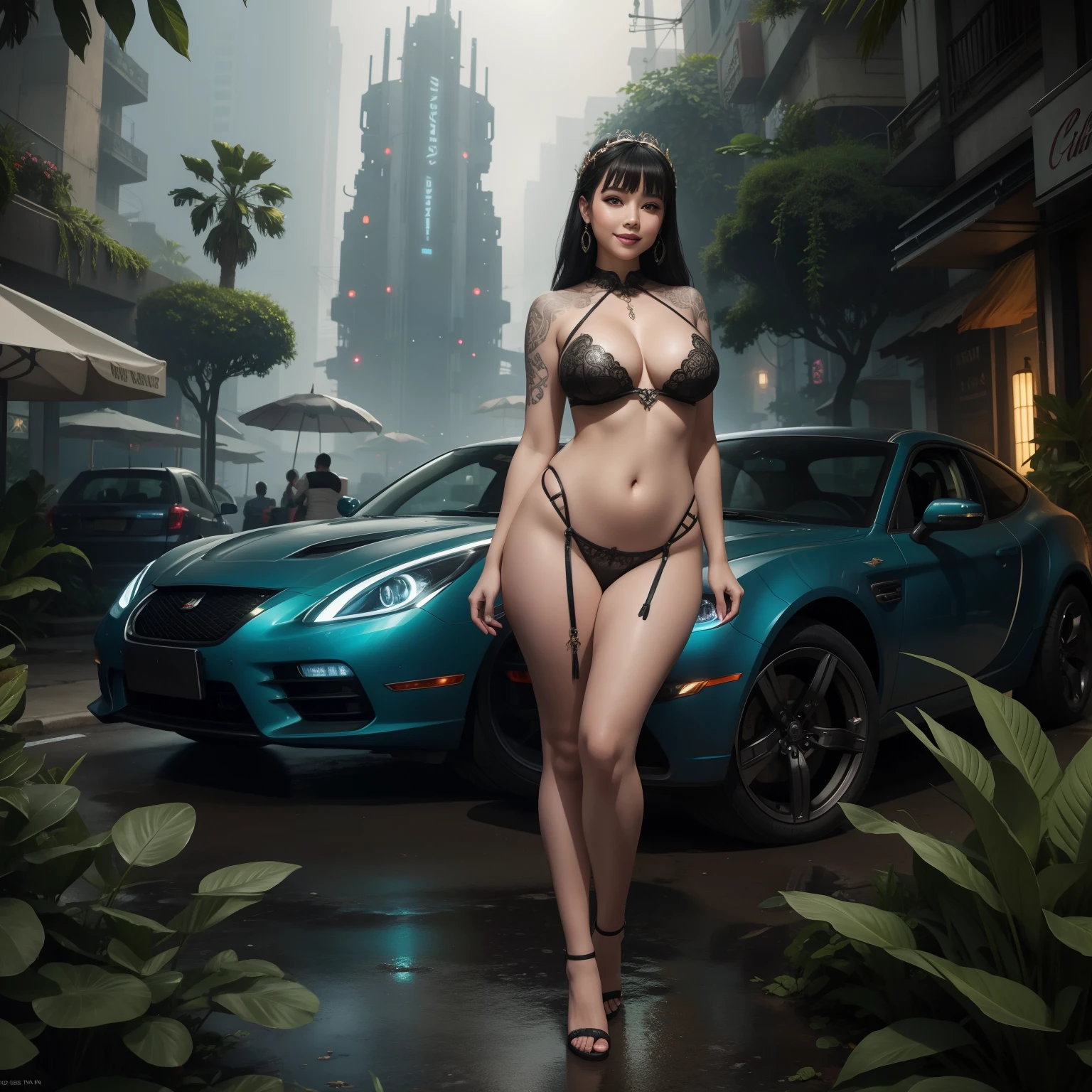 showing chubby cleavage, ull body street woman in an alien garden, serene nature, the whole body is covered with a filigree tattoo, digital painting, in the style of resolution blade runner, Big car background,smiling, sexy beautiful face, doe shape eyes, full lips. slimHigh defination full body view without shoes, St Lucia, Kinkade. award-winning,