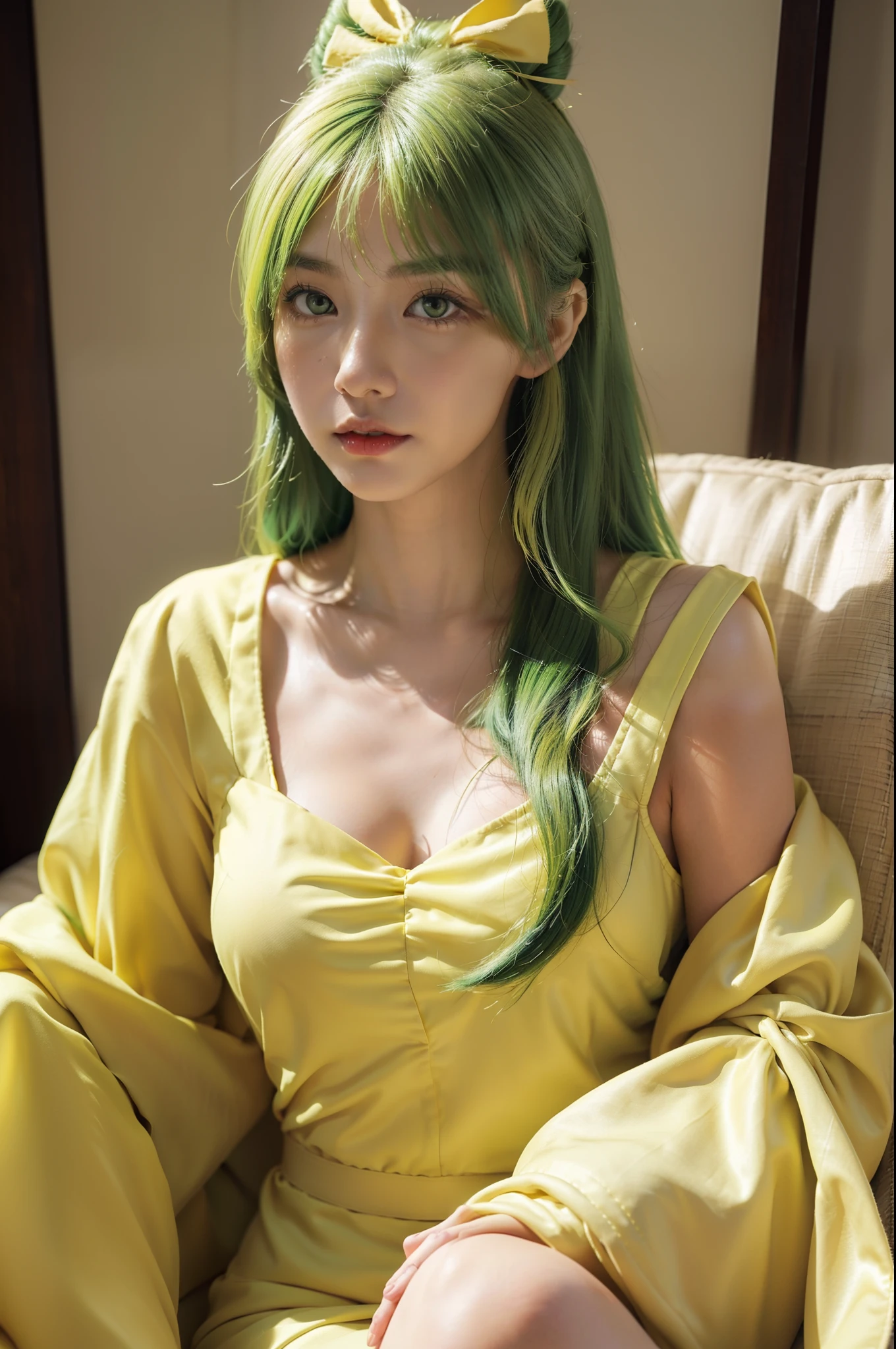 Japanese 1 girls, (Green eyes: 0.8), (Green hair: 0.8), (Yellow hair: 0.7), (Hair Shadow:0.4), (Bow with hair shaped like a banana: 0.9), Sitting on a cozy sofa, Upper body, Soft light, Wearing jungle green in a yellow dress, Detailed face