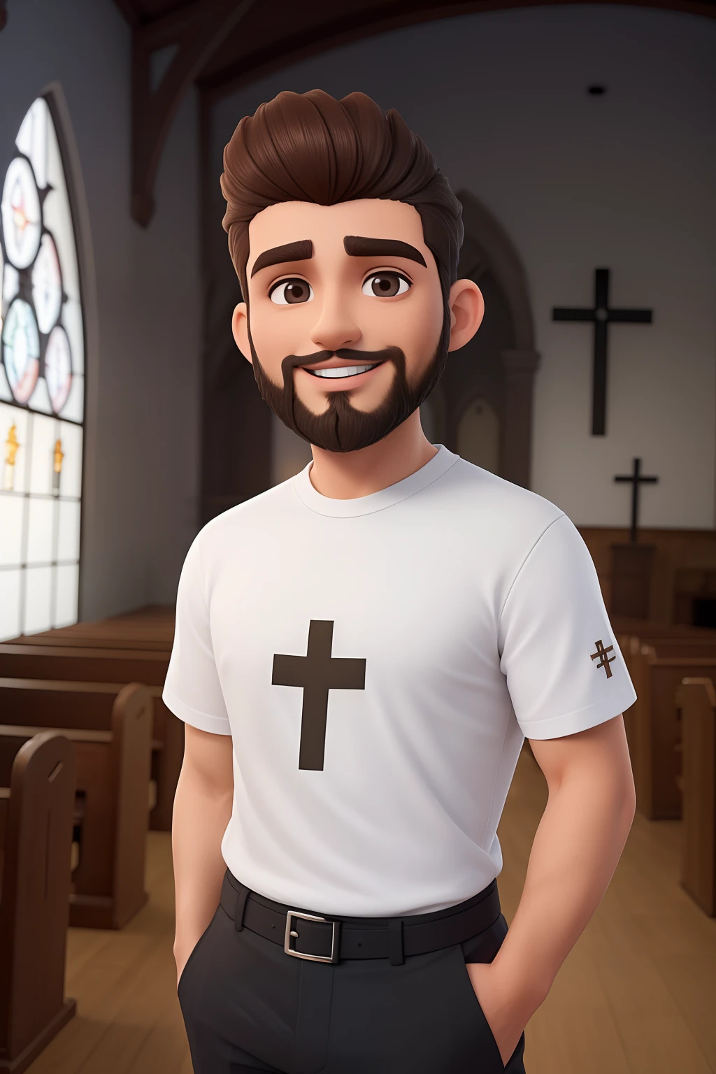 um rapaz bonito religioso e de 25 anos com cabelos castanhos escuros curtos e olhos castanhos comportado, angular jaw, barba de restolho, alto e magro, vestindo uma camiseta branca, ao fundo, a church with studio lighting, ((( Facing the camera squarely))), (((foto de corpo inteiro)))