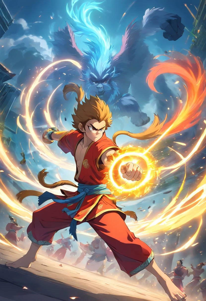 Monkey King in battle ::3 epic battle scenes, actionpacked, Dynamic composition ::2 Strong light illumination, Dramatic shadows, strong contrasts ::1 Martial arts poses, Agile movements, Acrobatic fighting style ::1 Whirlwind, Flying debris, energy blast