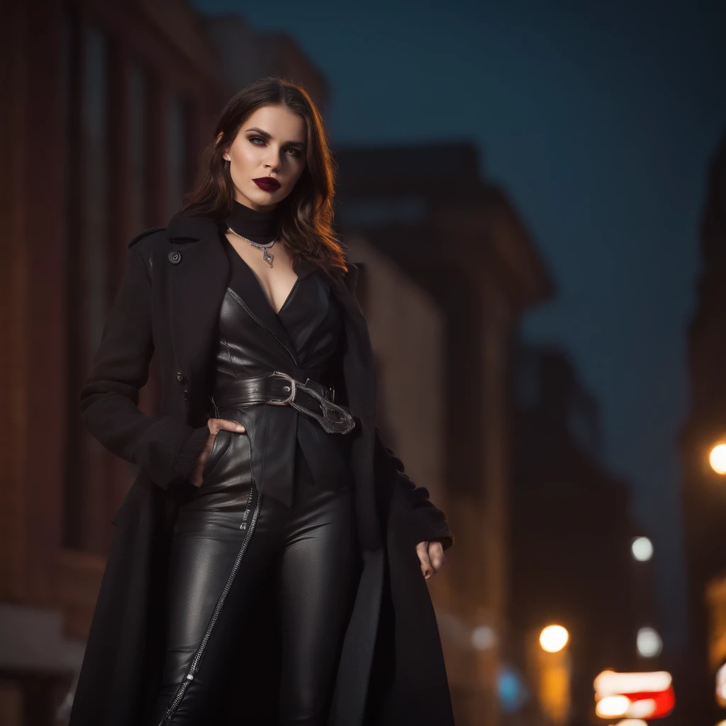 Vampire with fangs, girl, at night, brunette, futuristic city, neon lights, coloured rim lighting on girl, long leather coat, belt with silver buckle, v neck top, silver necklace pendant with red stone, steam in background, full length shot, pistol in hand, finger on trigger