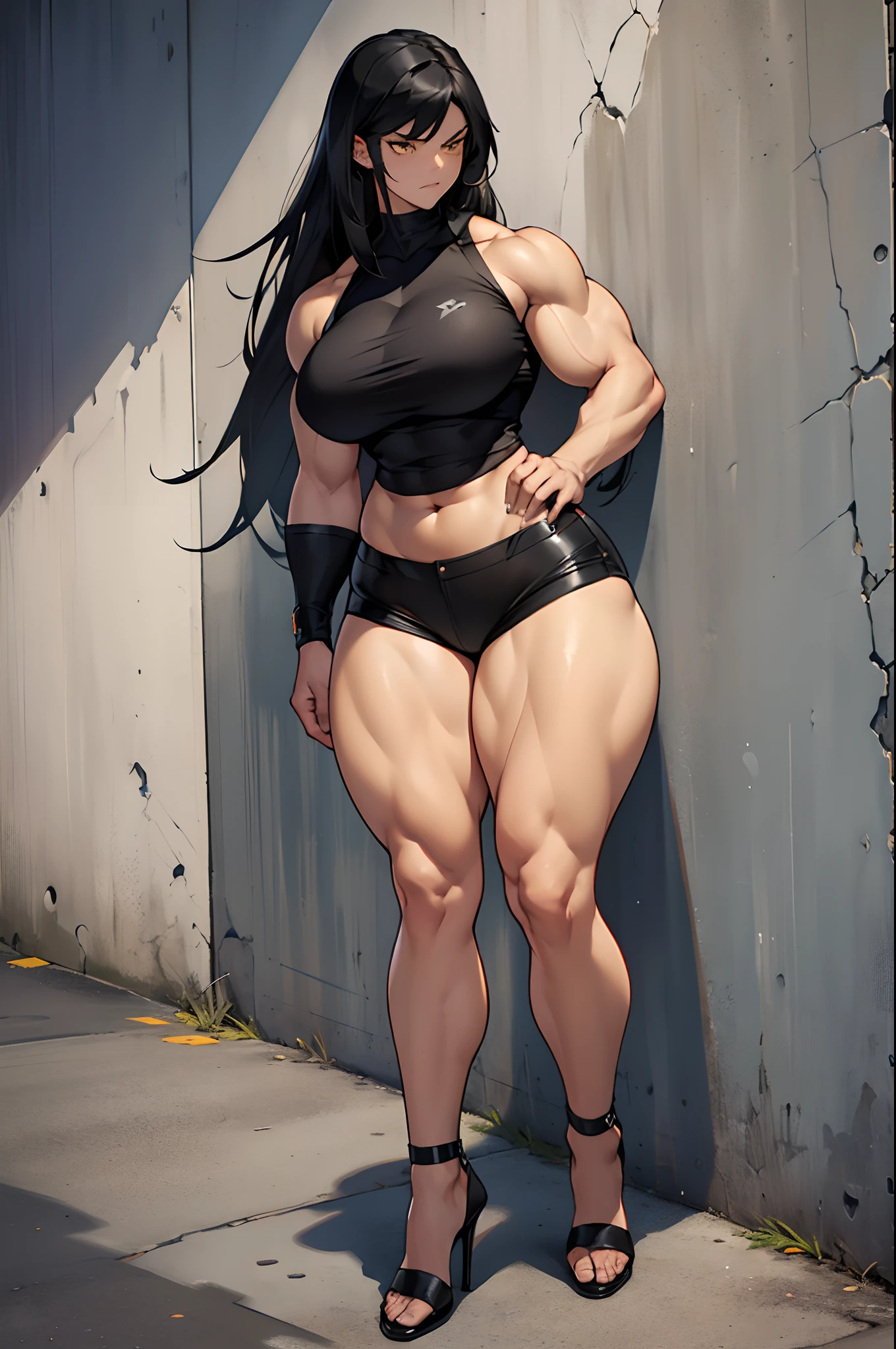 solo, (((1 girl))), very long hair, black hair, angry, yellow eyes, ((((muscular)))), ((huge tits)), ((thick thighs)), ((wide hips)), (full body), ((((full )))), standing, concrete wall, against wall, (high heels)