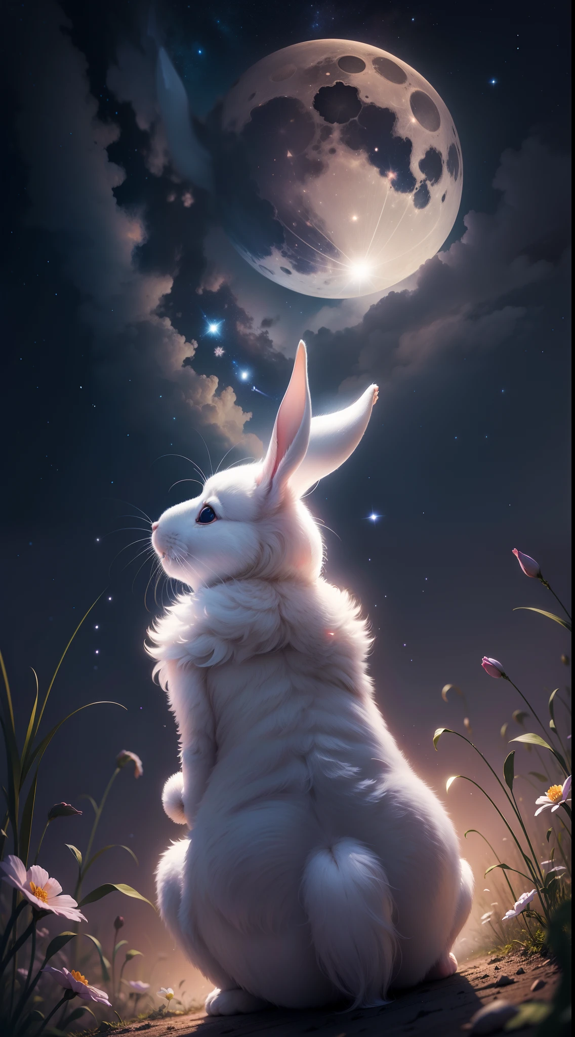Rear view of a white rabbit looking up at the full moon、Cosmos flower、Beautiful starry sky