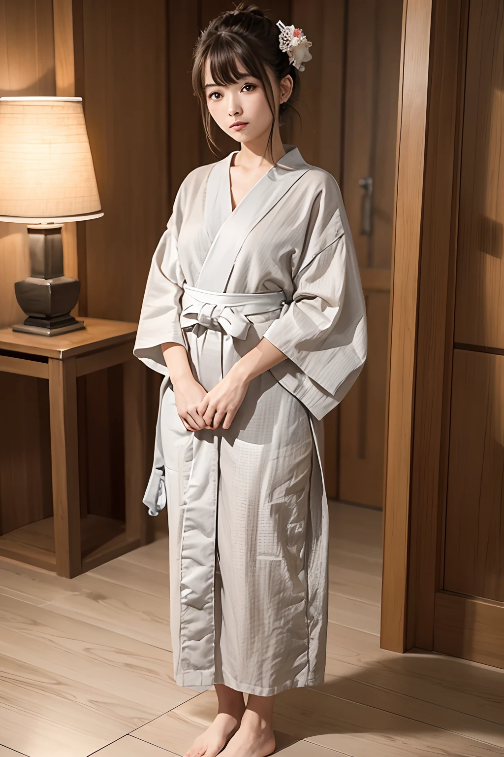 ((Masterpiece,Best quality, high resolution)), 1girll, Solo, The light is gentle，1 girl in a gray yukata，（white sash），((burlap))，（Female prisoners），With a petite figure，brunette color hair，hair-bun，Standing in prison，Stand up，Full body like，streaming tears，Clothing covers the whole body，folds，solid color backdrop，Side Body