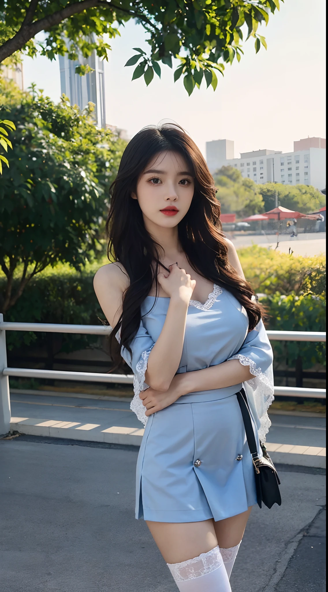 A perfect young female white-collar worker,Chinese big breasts,High picture quality,Works of masters,Black hair,Long hair shawl,Long hair flowing over the shoulders,Beach wave hairstyle,cropped shoulders,鎖骨,exquisite face,Hydrated red lips,((Wear colorful and stylish summer clothing))(red colour,blue colors,green color,Violet-orange,In pink,amarelo,Printed clothing),Kurfo,Kurfo,Colorful,Colorful pleated skirt,white stockings,over knee socks,Magic starry sky dress,Lace skirt,Puff sleeve skirt,Tassel elements,Lace paneled elements,Openwork elements,Texture element,Real Human,CG rendering,16k,Stand up,Suzhou Garden,On the bridge,Do not show your hands,Close-up shot