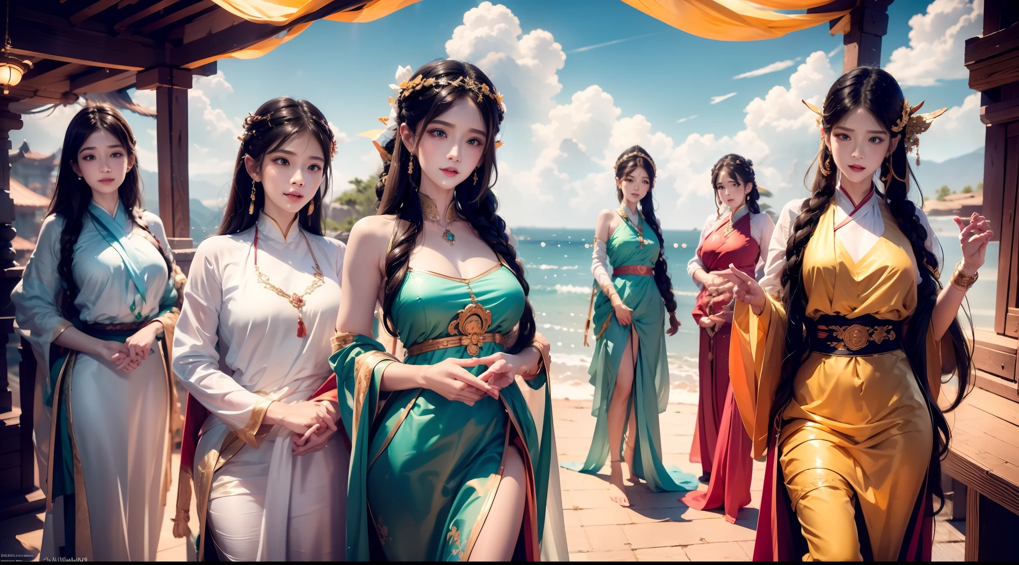 gentle and charming Chinese beautiful woman, Half-length photo, delicate sexy collarbone, charming oval face, Double eyelids, Vivid peach blossom eyes, Pink lips, Small nose, Bare shoulders, Focused face, facial closeups, hyper HD, super detailing, elegant standing posture, Ultra-thin translucent wet yarn