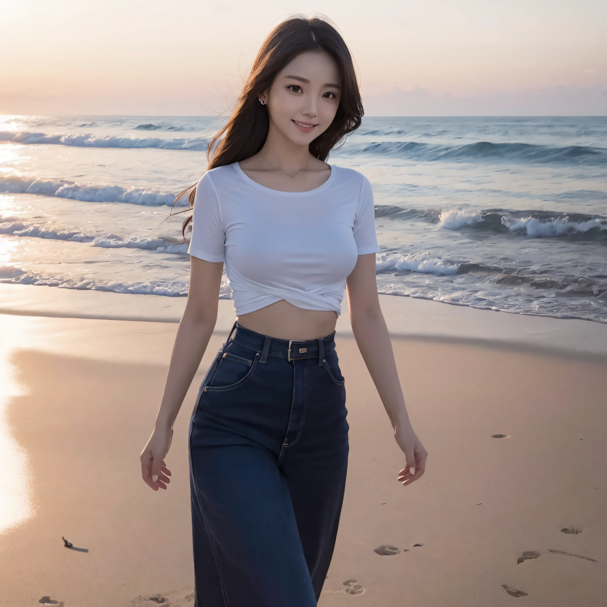 A captivating photography shot of a beautiful lady with shoulder-length hair, donning a shirt and short skirt, standing by a sun-kissed beach. Inspired by Annie Leibovitz. Bright and sunny, a joyful expression, natural lighting, and a carefree atmosphere. (Lens size: 50mm)