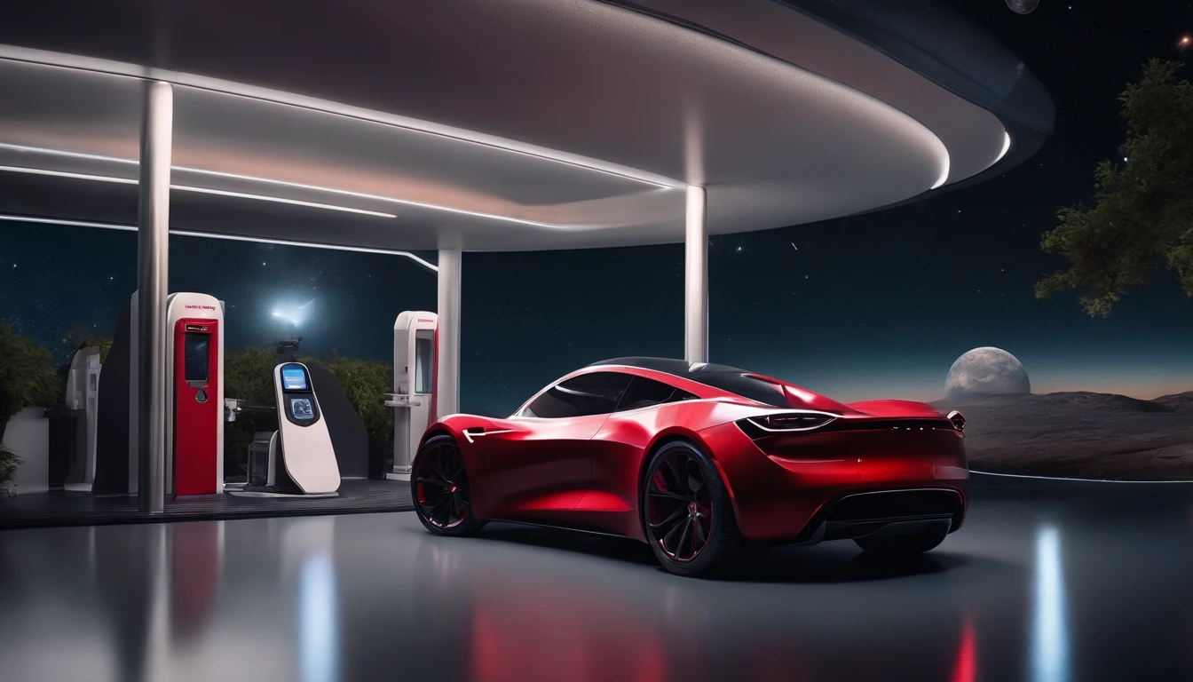 Qualidade de filme 4K,Film compositions,texturas finas,Base em Marte,Astronautas tocando guitarra, A cherry red Tesla Roadster floating in space WITH A GUY WITH SPACE TRAGE STANDING AT A SPACE-STYLE GAS STATION TO FUEL
EM UM PLANETA FUTURISTICO NO ESPAÇO, ABASTECENDO, CEU ROXO E 2 PLANETAS VISIVEIS