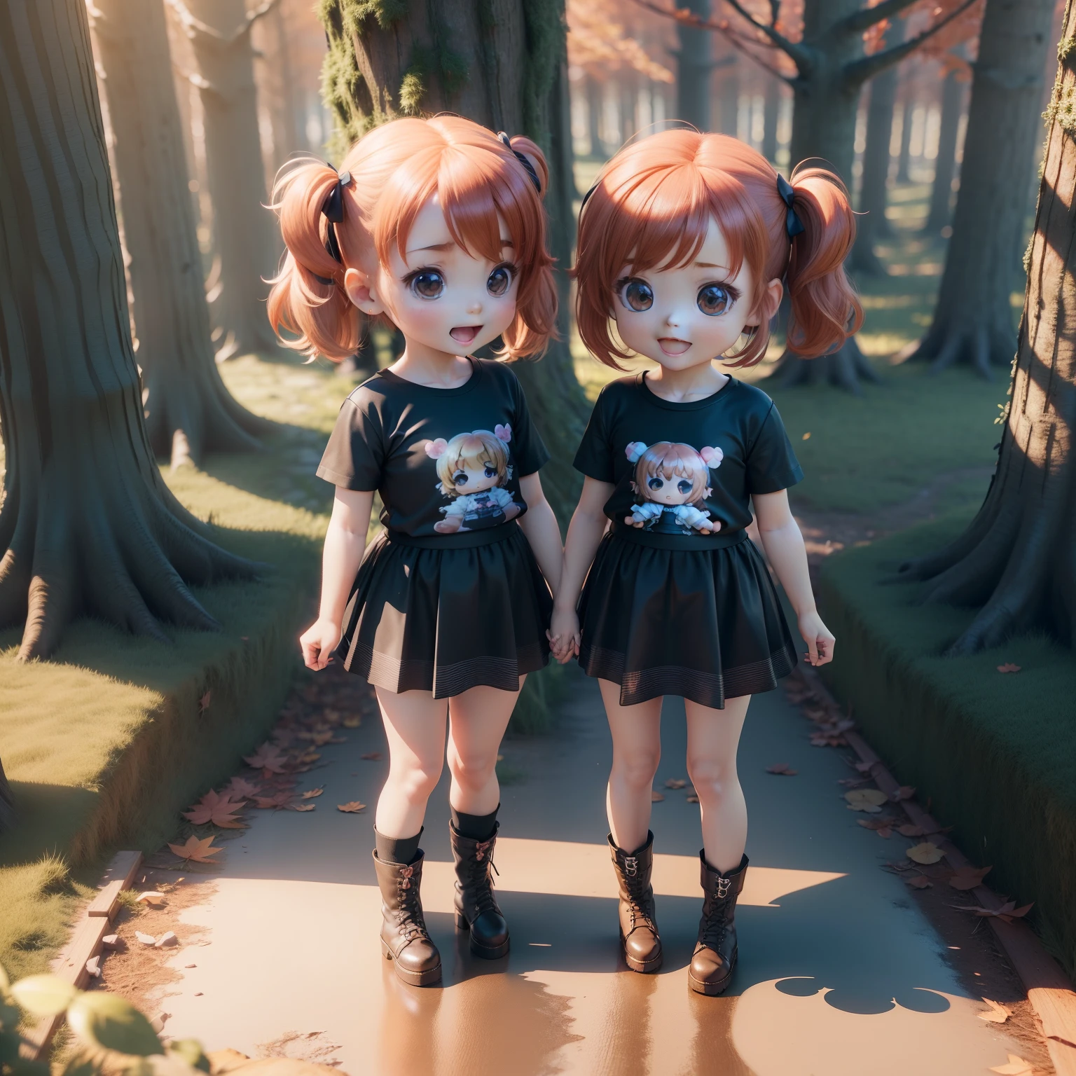 Cute  Chibi Anime,(((Chibi 3D))) (Best Quality) (Master Price)、(Chibi twins:1.3)、Cute T-shirt、Gather Skirt、Amiage Boots、The background is a fairytale autumn forest、Holding hands and hands、Open your mouth and smile、Standing