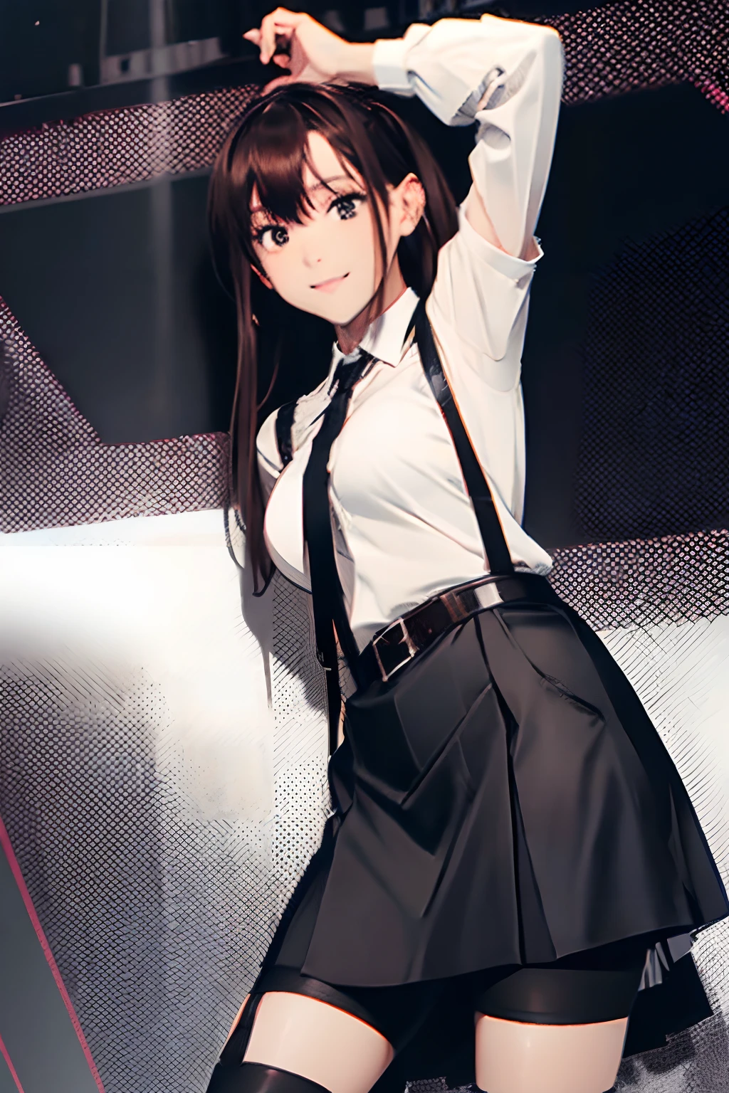 Black skirt, suspenders, Brown hair Gray eyes, Garter belt on the legs, Tight clothes, a belt Armpit sweat Dark look Moderately breasts holster Belt Chain hair adornments poneyTail