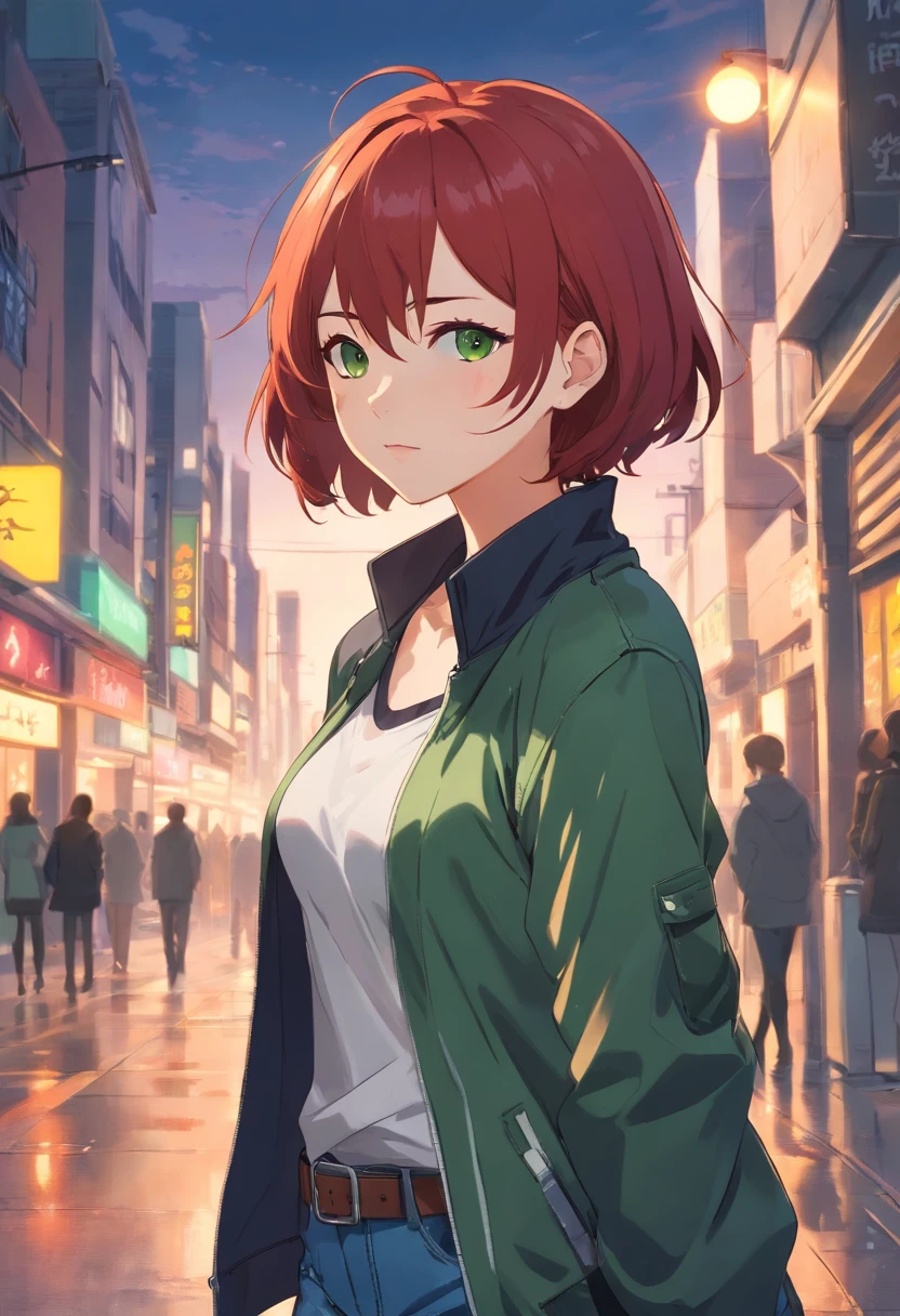 A woman with short, red hair and white tips. She has brown eyes and is wearing black lipstick. She has a slim body and is dressed in a green jacket and jeans. Big thighs, huge boobs