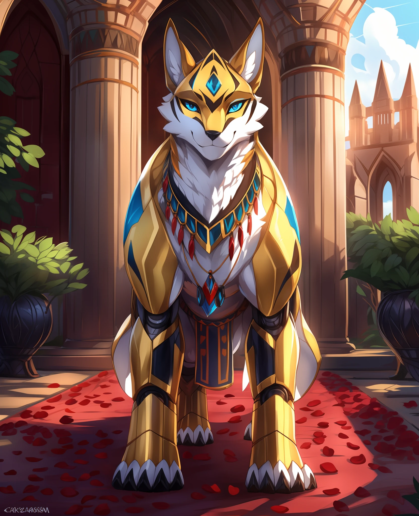 (catss), standing on your feet, 独奏, musculature, Detailed scale textures, Ancient castle, (battlefiled), (tribe outfit, ((long loincloth with))), (((Mechanical nanoskin))), (Yellow body,White belly), (The art of Chuni, (Drakgam), (rakisha)), (Kantana Garson)), (up front view), Looks pleased, Detailed pupils, Masterpiece artwork, Caustics, edge lit, Singlelightsource, Sharp shadows, solo portrait, (digitigrade), (komono), Inessa Garmash, greg rutkovsky, Pino Diane, ruanjia, (light particules), rose petals,anthro,Furry,feral,(Digital media \(artwork of a\):1.2),(hi,It's nothing,absurd res:1.2),Perfect anatomy,Anatomically correct,Detailed,Detailed face,Detailed eyes,(Realistic fur,Detailed fur:1.25),Detailed background,amazing background,,