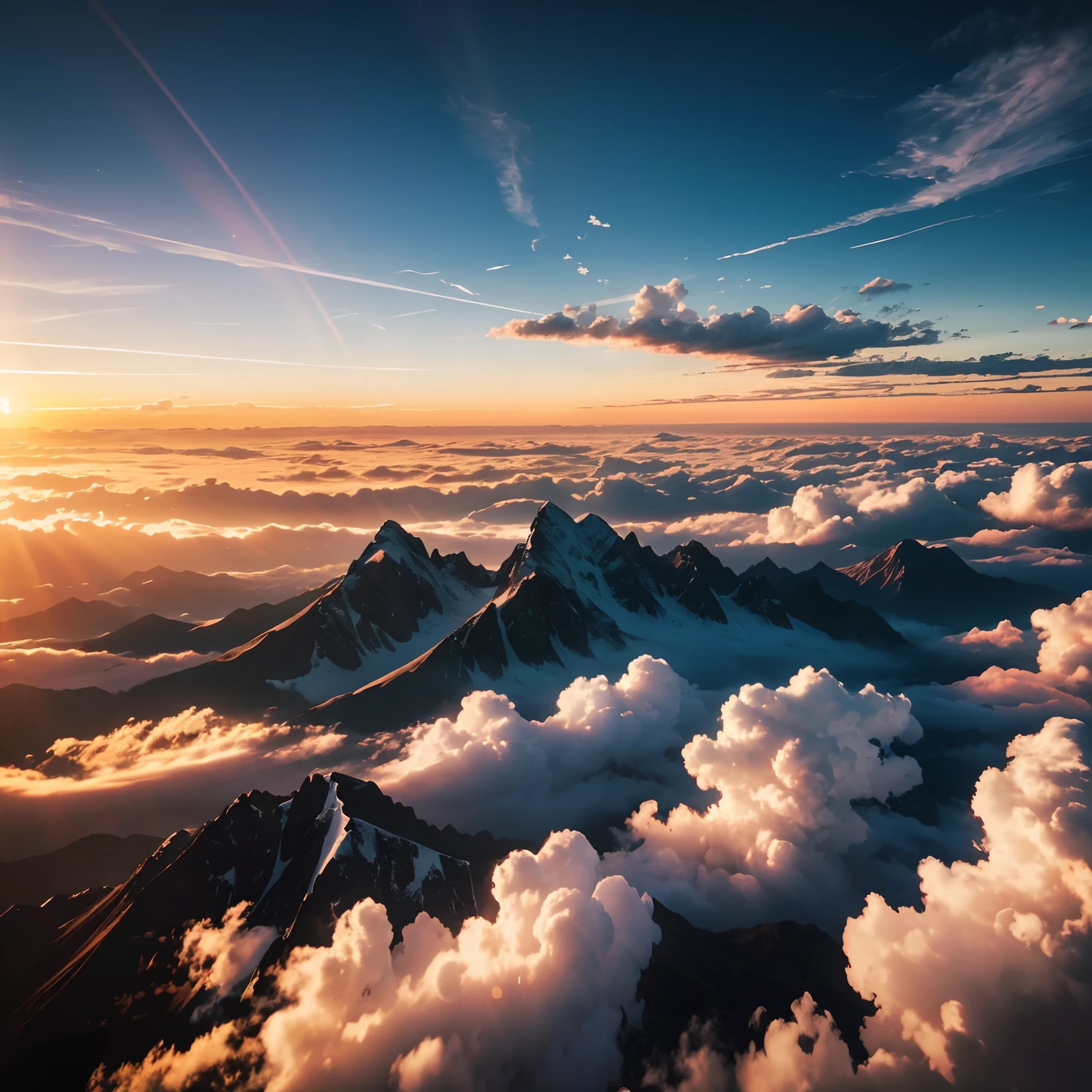 (mountain: 1.3), sea of clouds, sunset, clouds, Tyndall rays, (master works: 1.3), (8K wallpapers: 1.3), realistic,