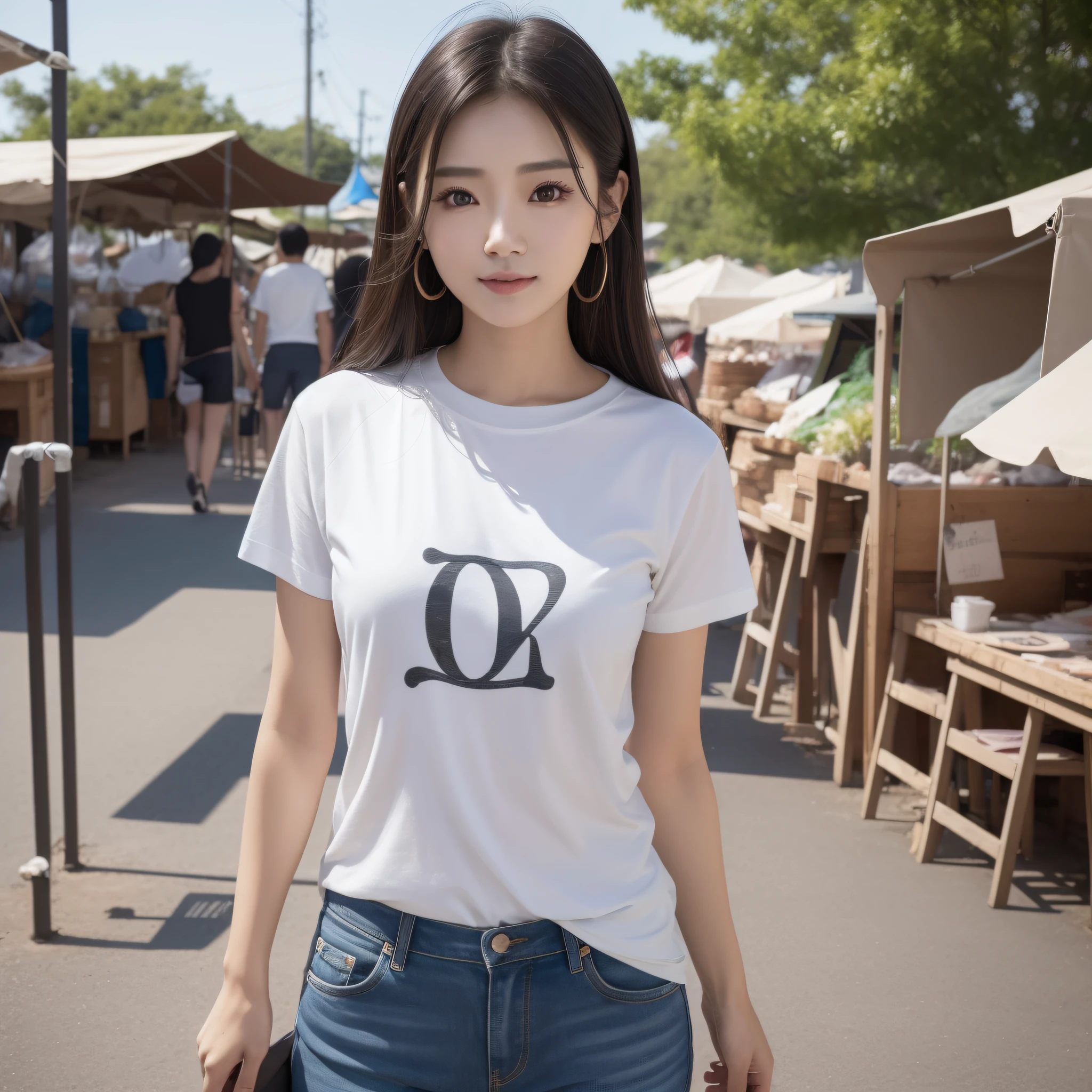 One lady、((best qualtiy、8k masterpieces:1.3))、foco nítido:1.2、(ultra beautiful faces:1.0)、(shinny skin:1.0)、photos realistic、A dark-haired、Video Lighting、High-definition eyes and face、Video Lighting、(Korean Cute Actress)、from the front side、medium breasts、Smile、Slender Abs Beauty、Whole body、Wear a T-shirt with letters、At the market in the early morning、