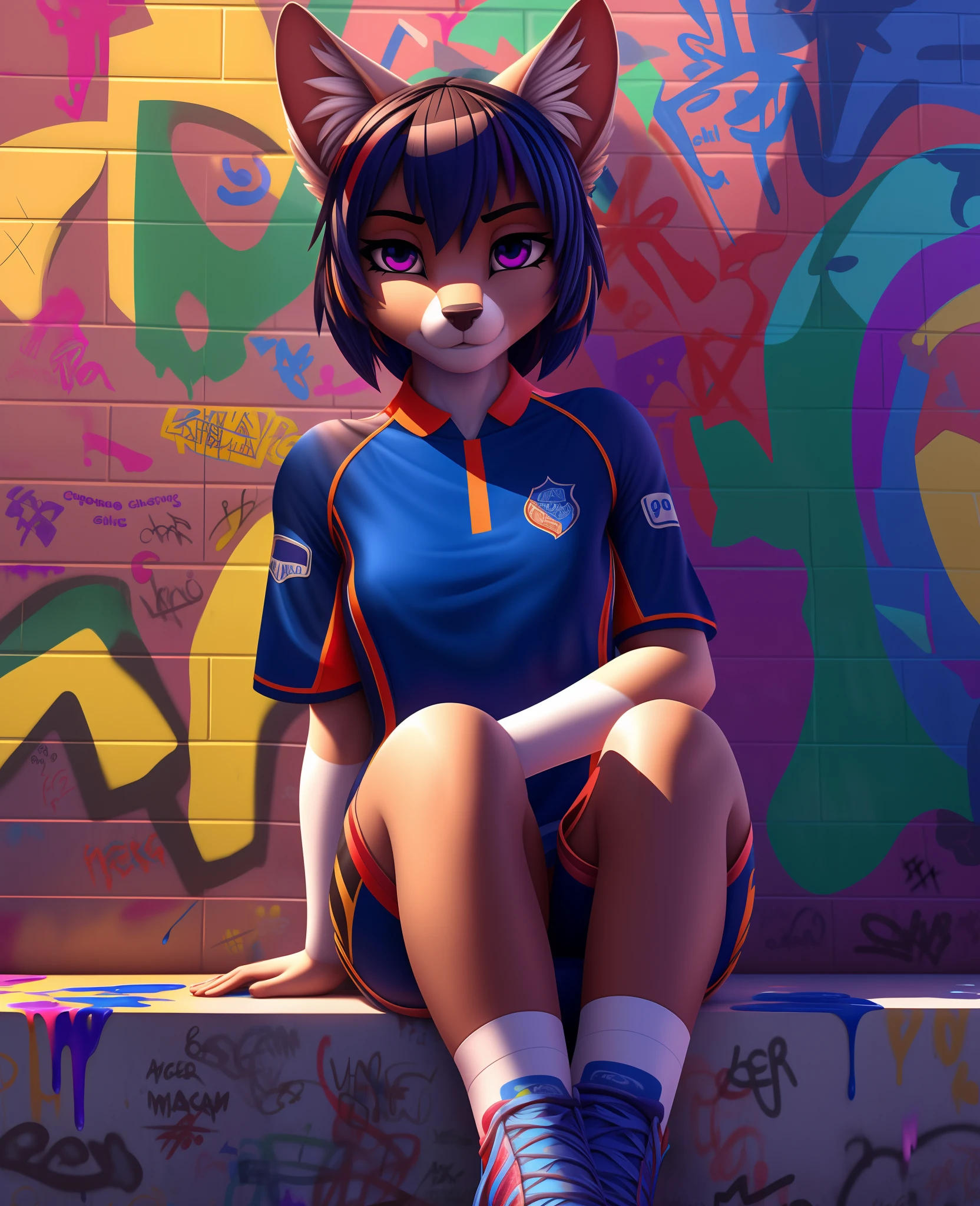 (best quality), masterpiece, extremely detailed CG uniform 8K illustration, high color, extremely high color saturation, all colors deepened, paint, graffiti art, center composition, extremely detailed light and shadow, graffiti wall, wall painted bright, 1 girl graffiti 1 girl looking at the wall, extremely detailed face and eyes, medium length hair, sportswear, colored clouds