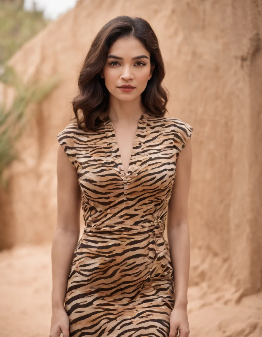a woman in a tiger print dress stand for a photo, in the style of fine lines, delicate curves, rebecca sugar, stockphoto, chicano-inspired, intense close-ups, paleocore, fluid.