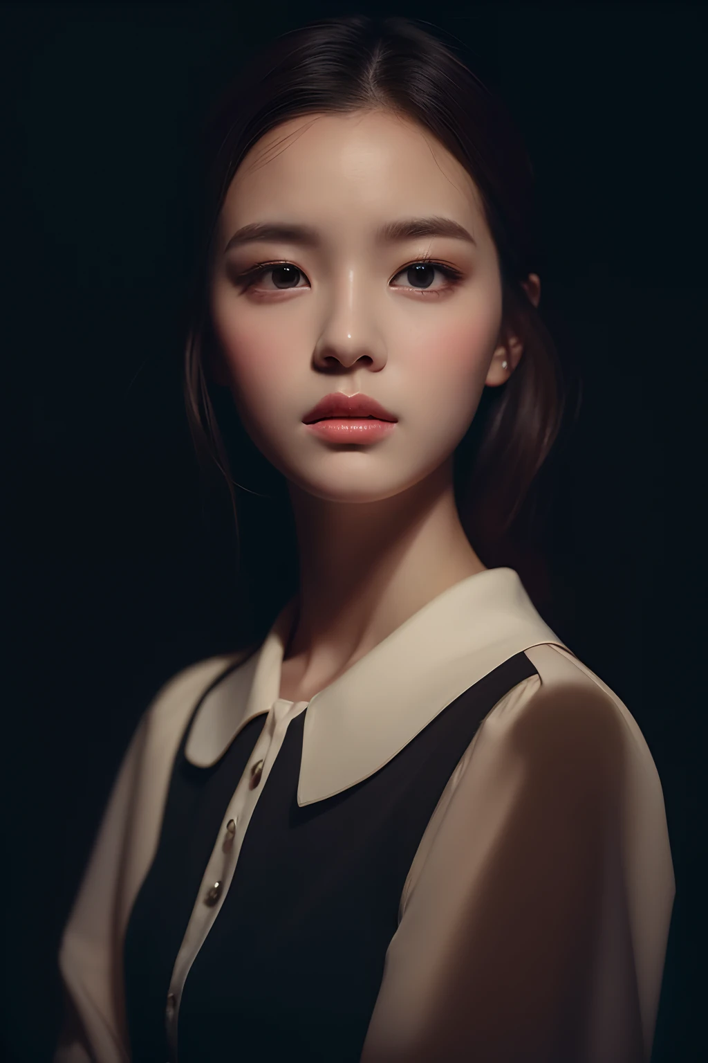 1girl, realistic, standing, photo, gorgeous, feminine, photorealism, cute blouse, dark background, oil painting, masterpiece, diffused soft film lighting, portrait, best quality (perfect face:1.4),