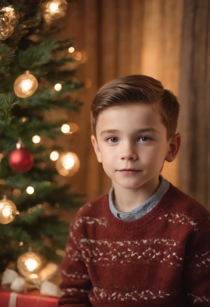 boy dressed in retro style, places christmas decorations on pine tree, lights in the background, bokeh style, half length shot, high quality photo --ar 2:3 --v 5